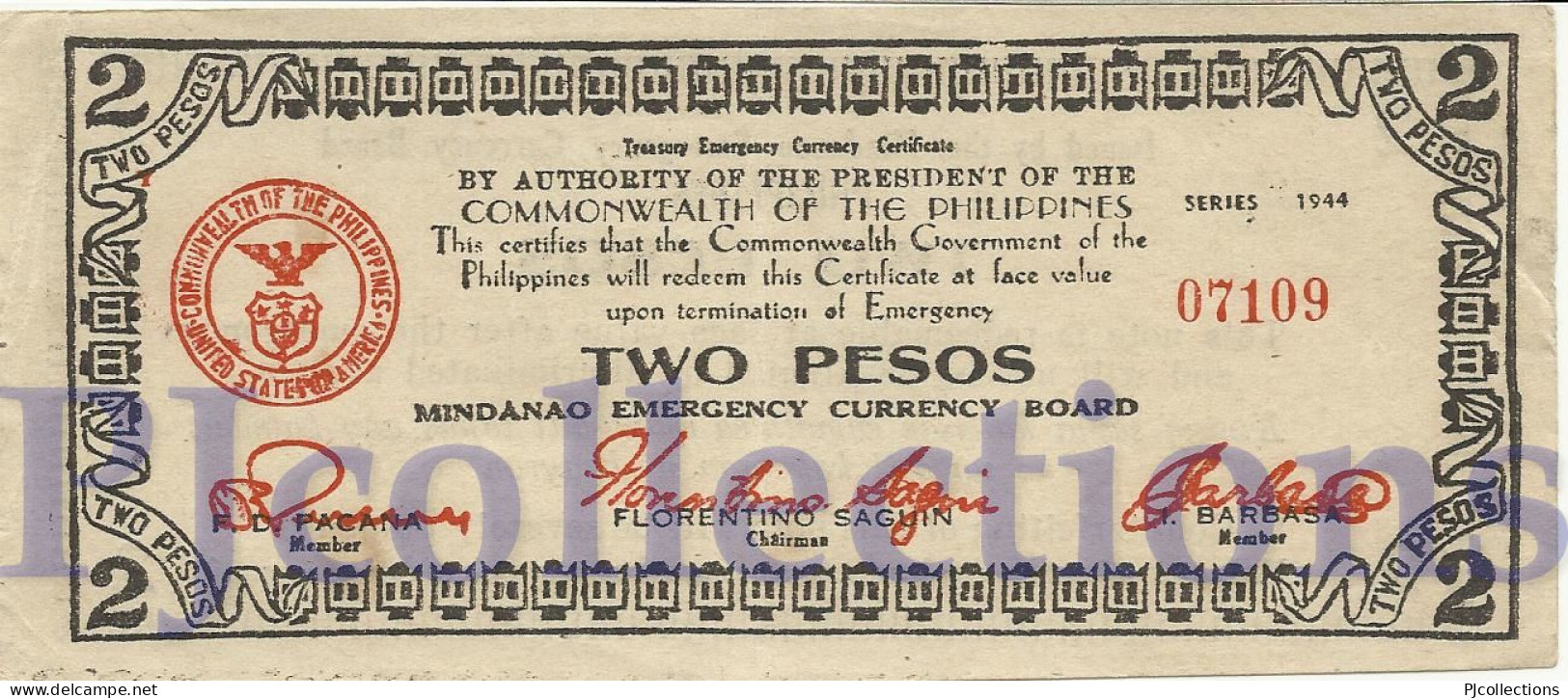 PHILIPPINES 2 PESOS 1944 PICK S524a AU+ EMERGENCY BANKNOTE - Philippines