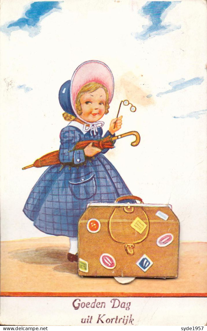 Goeden Dag Uit Kortrijk- Illustration Petite Fille, Avec Valise - Carte à Système , 10 Petites Vues En Noir Et Blanc - Kortrijk