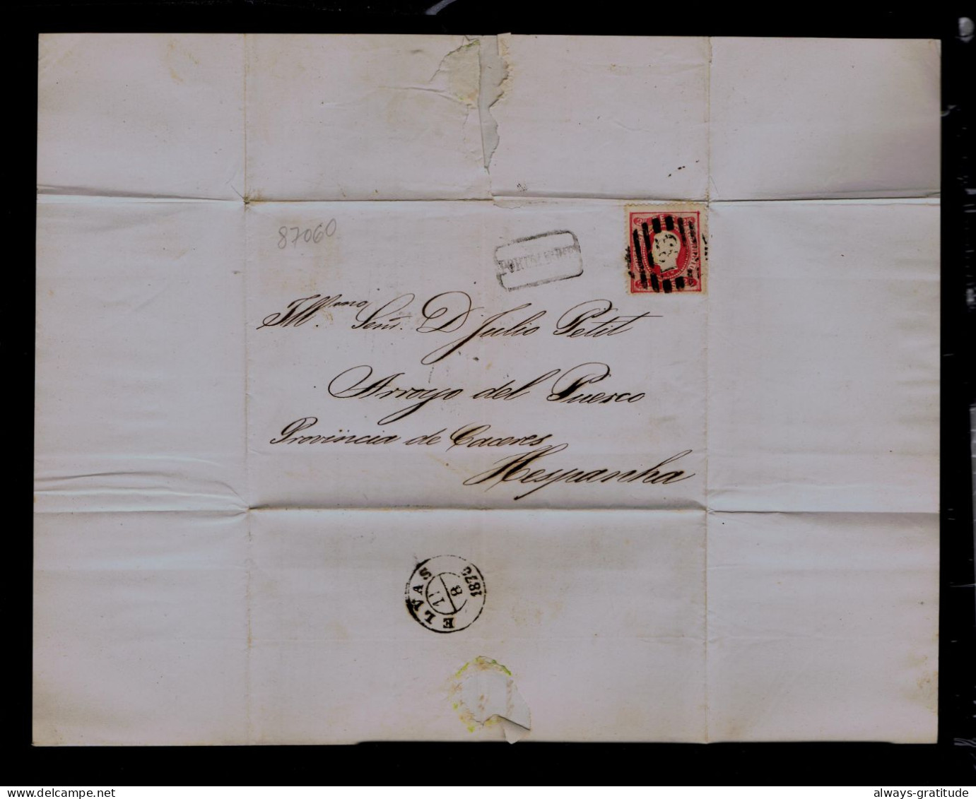 87060  PORTUGAL  2ªRef. Cover 1870-08-09 Stamped 25 R. PORTALEGRE -ELVAS 1870-08-11 Pmk Mailed »Caceres Spain - Altri & Non Classificati