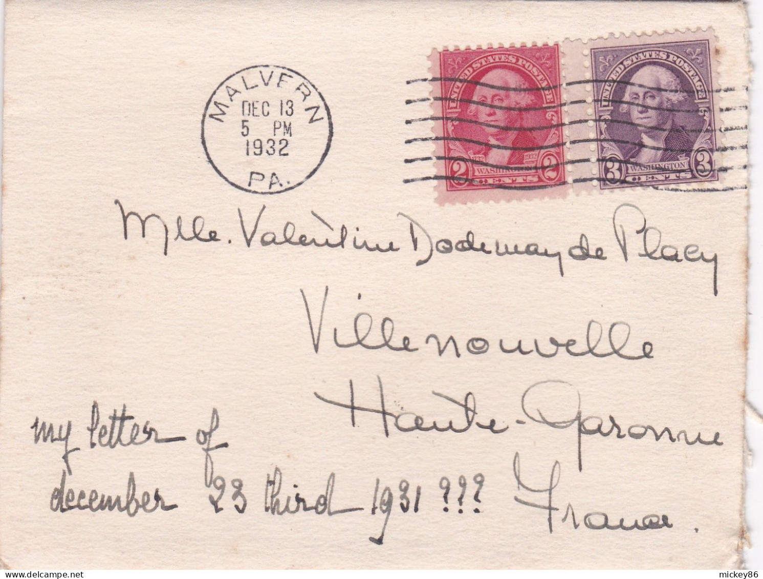 Etats-Unis --1932--letttre MALVERN (Pens ) Pour VILLENOUVELLE-31 (France)..timbres , Cachet - Lettres & Documents