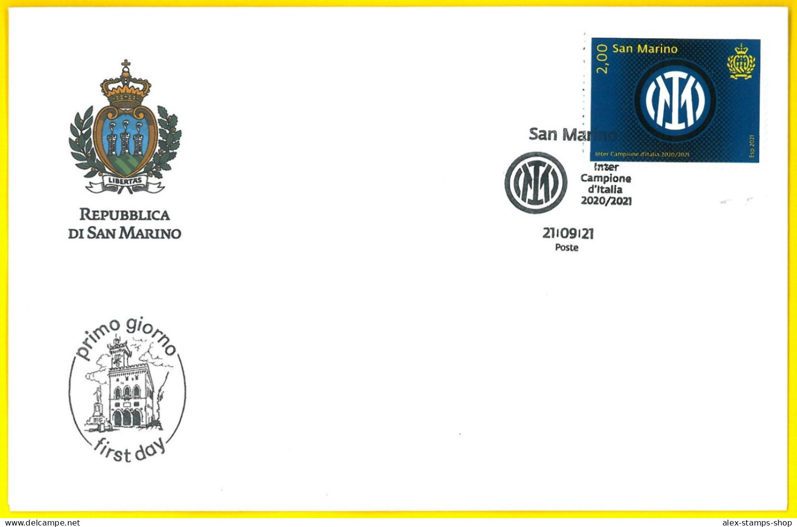 SAN MARINO 2021 FDC CALCIO INTER CAMPIONE D'ITALIA 2020/21 FIRST DAY COVER - FDC