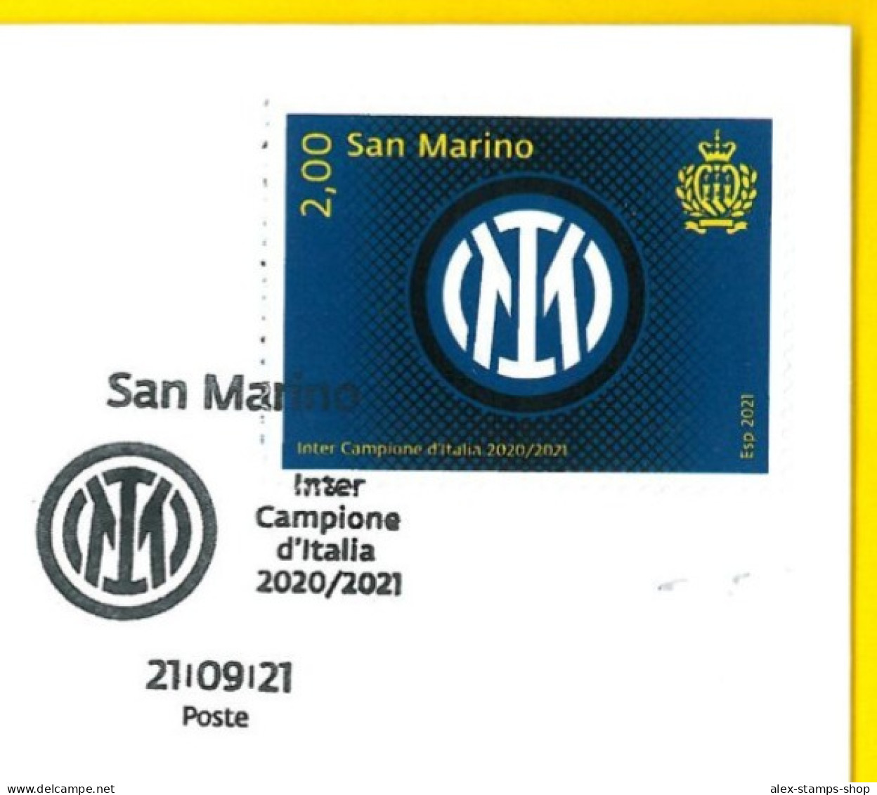 SAN MARINO 2021 FDC CALCIO INTER CAMPIONE D'ITALIA 2020/21 FIRST DAY COVER - FDC