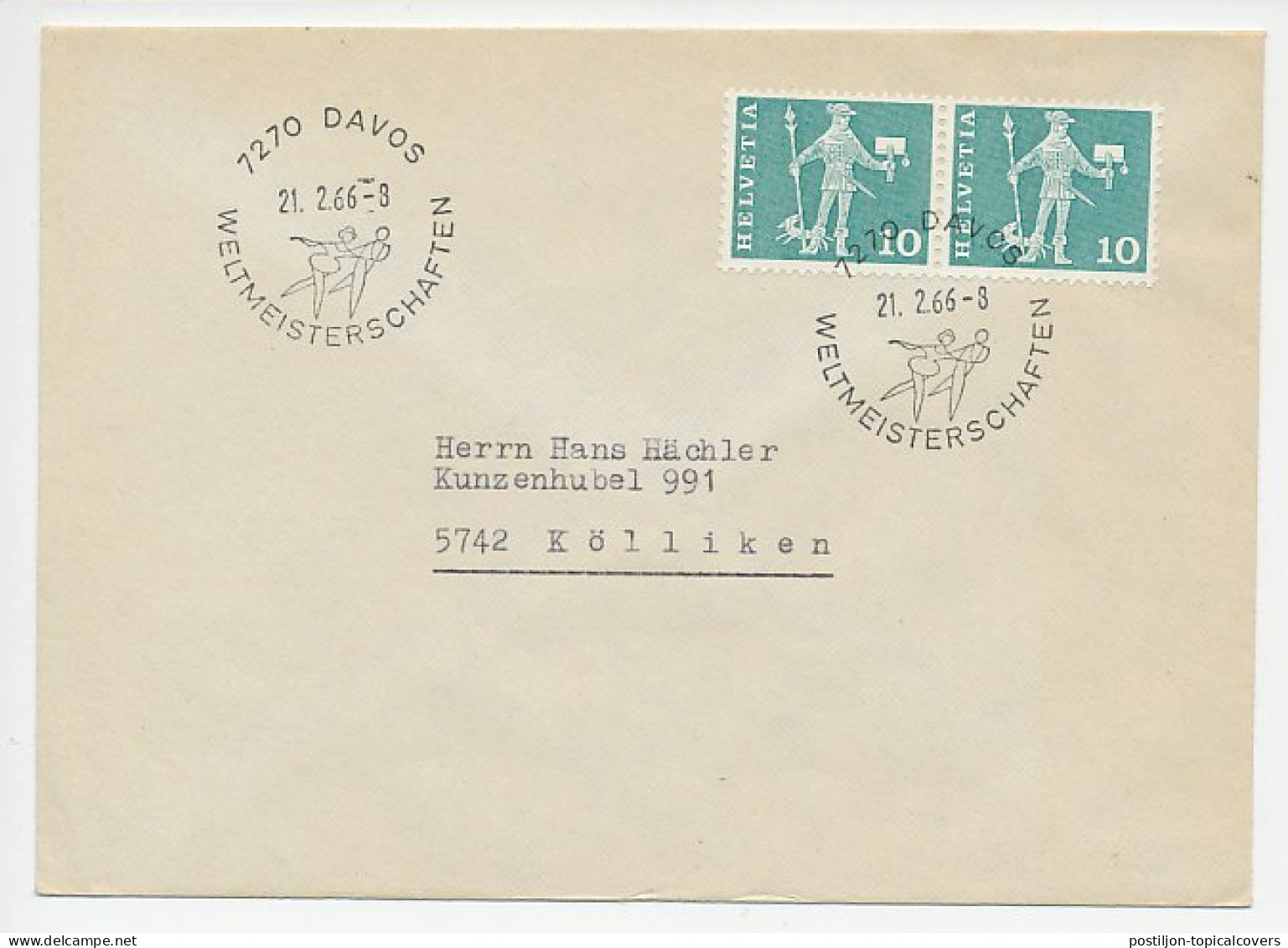 Cover / Postmark Switzerland 1966 Figure Skating - World Championships - Winter (Other)