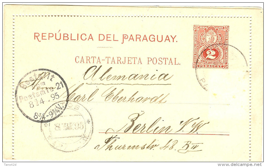 LAC5 - PARAGUAY  EP CL 2c VOYAGEE MARS 1895 TPM ENLEVE - Paraguay