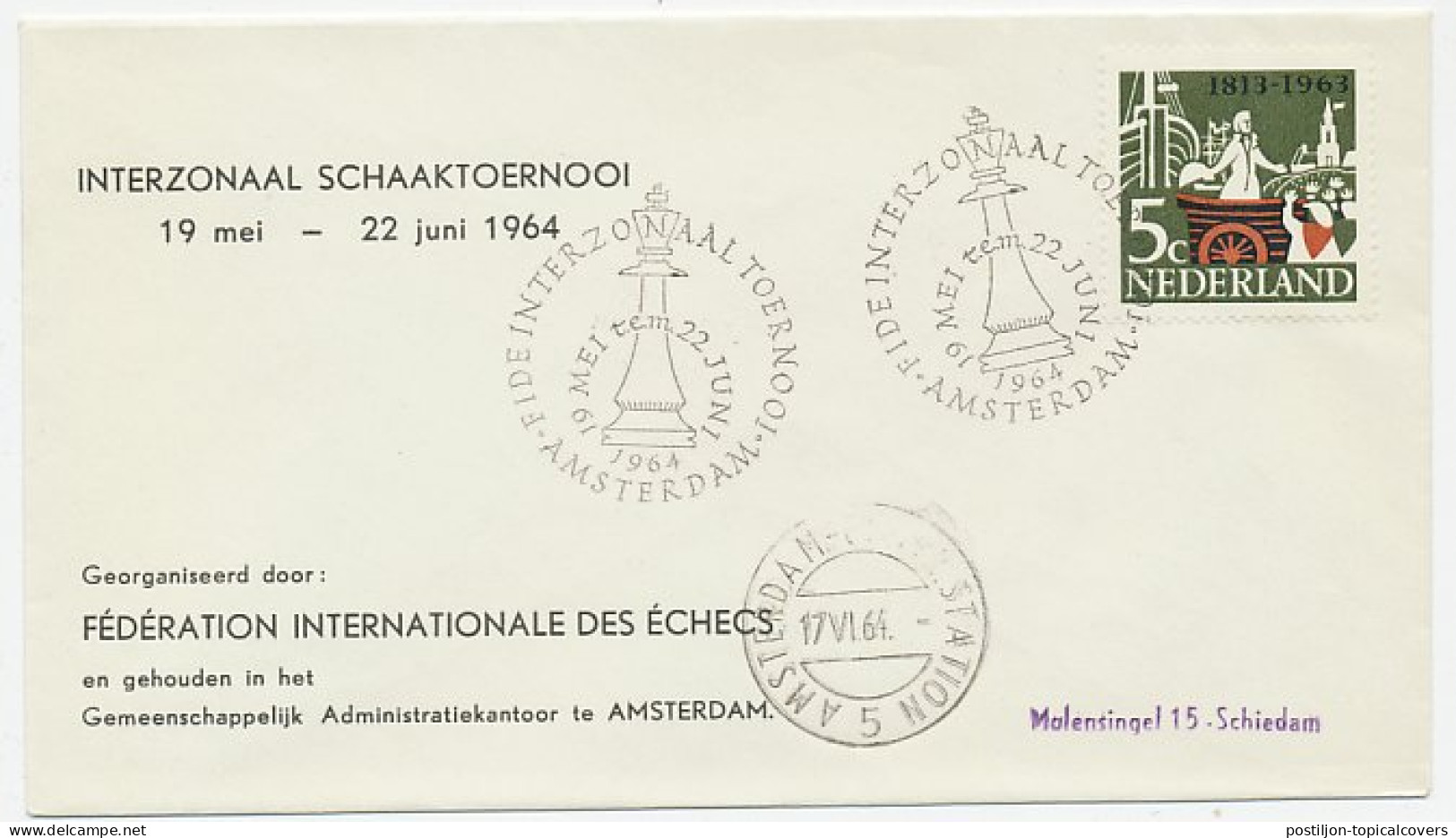 Cover / Postmark Netherlands 1964 Chess Tournament Amsterdam - FIDE  - Zonder Classificatie