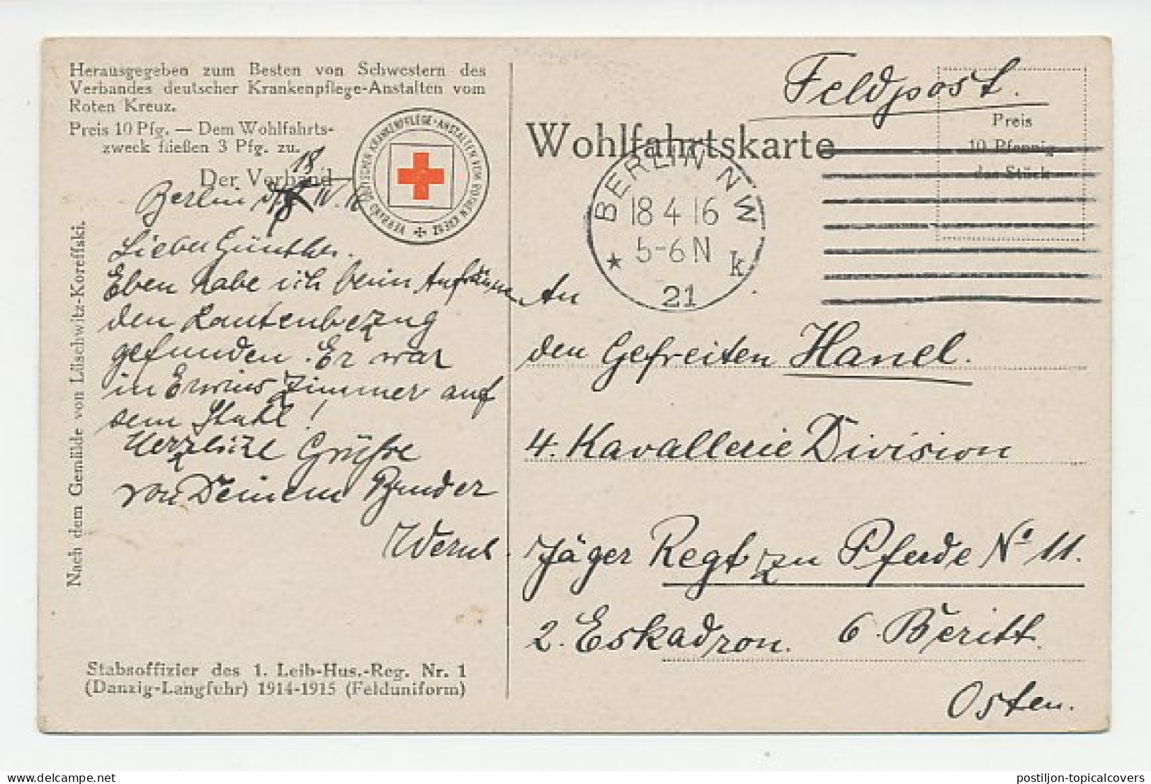Fieldpost Postcard Germany 1916 The Hussars Regiment No. 1 - Red Cross - WWI - WW1