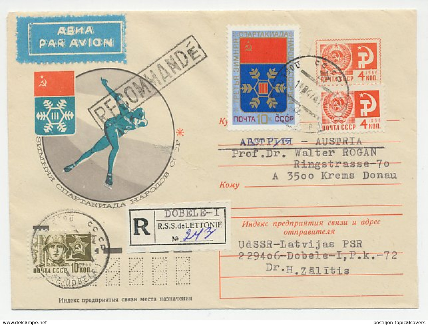 Registered Postal Stationery Soviet Union 1974 Ice Skating  - Hiver