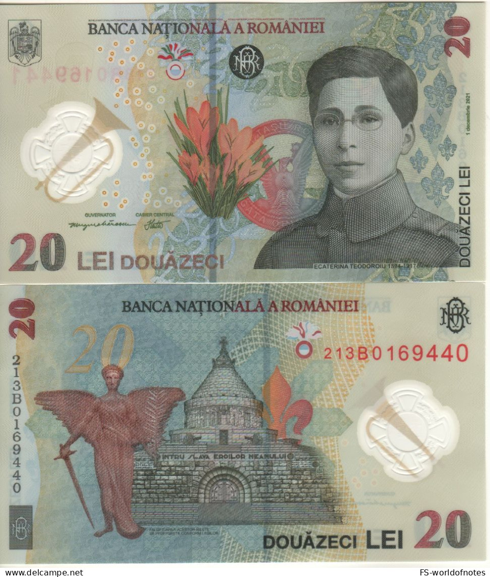 ROMANIA  New 20  Lei  Dated 01.12.21  POLIMER  Pnew  (Ecatarina Teodoroiu At Front +  Archangel Gabriel, Mausoleum ) - Roemenië