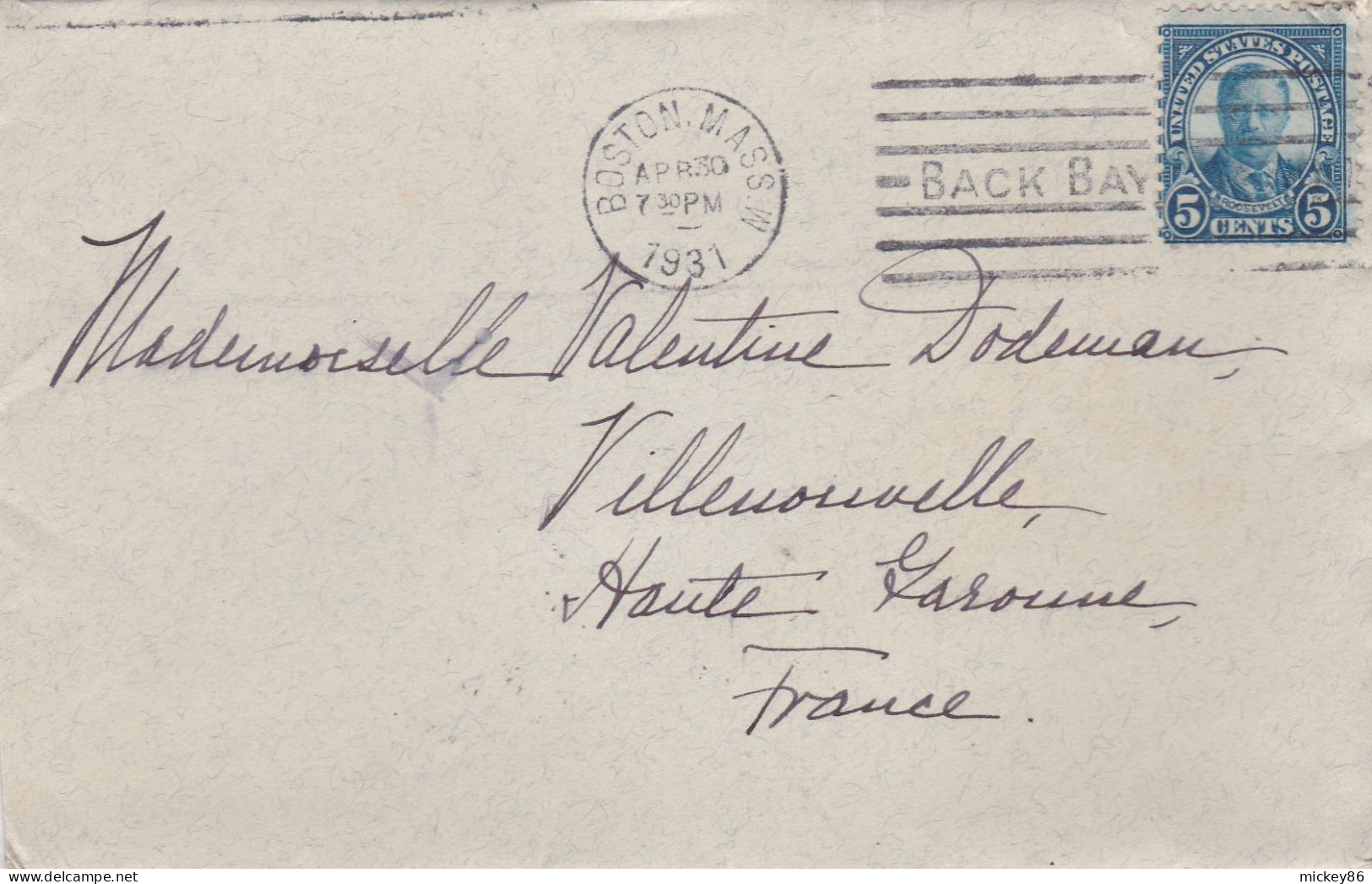 Etats-Unis --1931--letttre BOSTON  (Massa ) Pour VILLENOUVELLE-31 (France)..timbre , Cachet Mécanique BACK BAY - Lettres & Documents