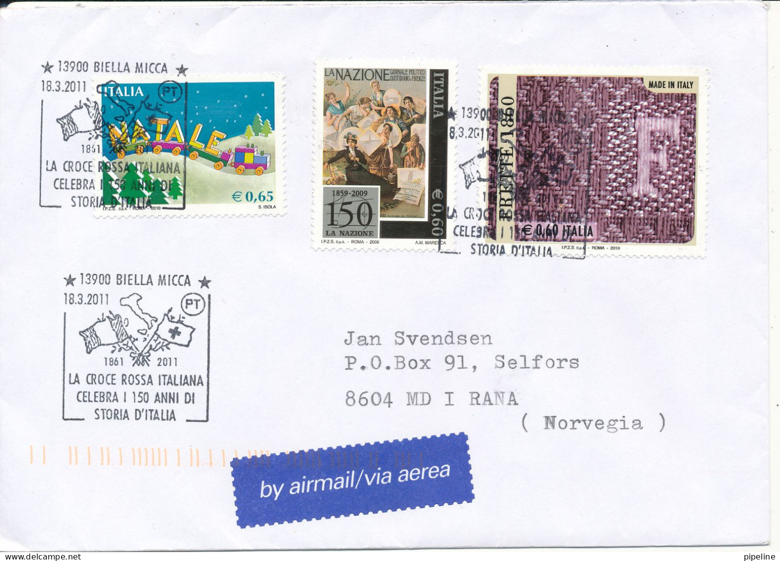 Italy Cover With Special Postmark Biella Micca 18-3-2011 Sent To Norway - 2001-10: Marcophilie