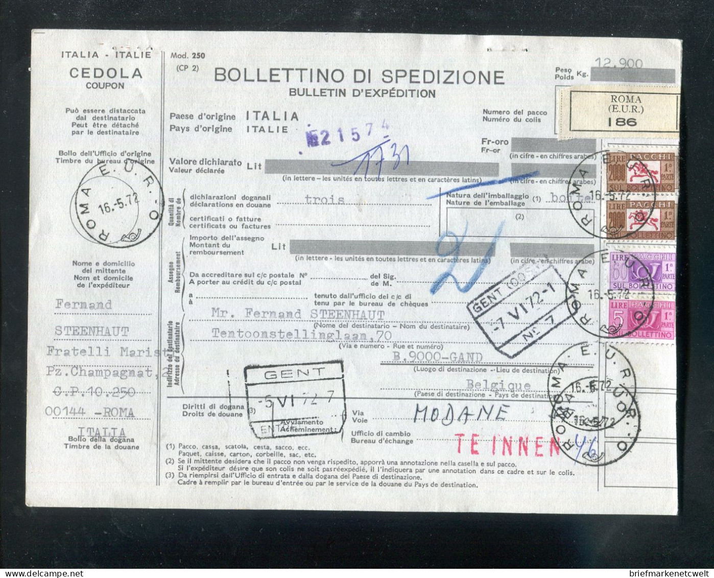 "ITALIEN" 1972, Auslandspaketkarte Ex Roma Nach Gent, Frankatur ! (B1130) - Colis-postaux