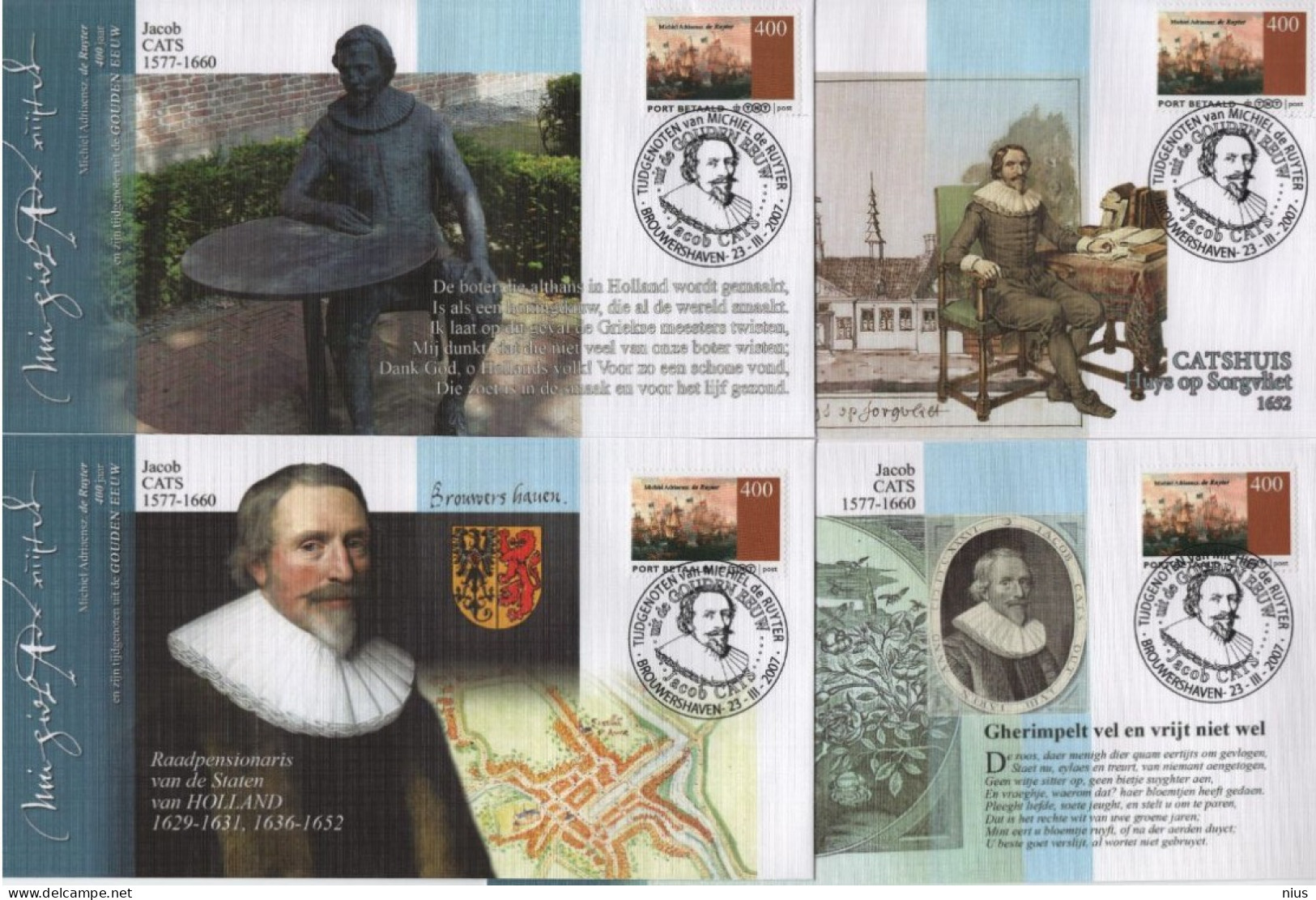 Nederland Netherlands 2007 FDC X4 Port Betaald, Jacob Cats, Poet, Michiel Adriaensz De Ruyter, Brouwershaven - FDC