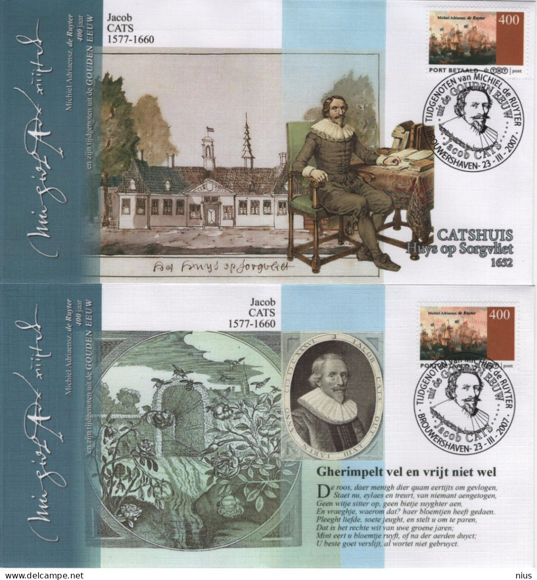 Nederland Netherlands 2007 FDC X4 Port Betaald, Jacob Cats, Poet, Michiel Adriaensz De Ruyter, Brouwershaven - FDC