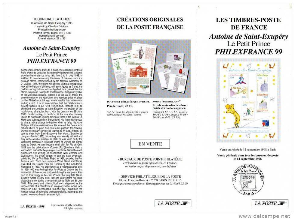 France 1998 - Leaflet - Notice Philatélique - Saint Exupéry - Le Petit Prince - Der Kleine Prinz - El Principito - Schrijvers