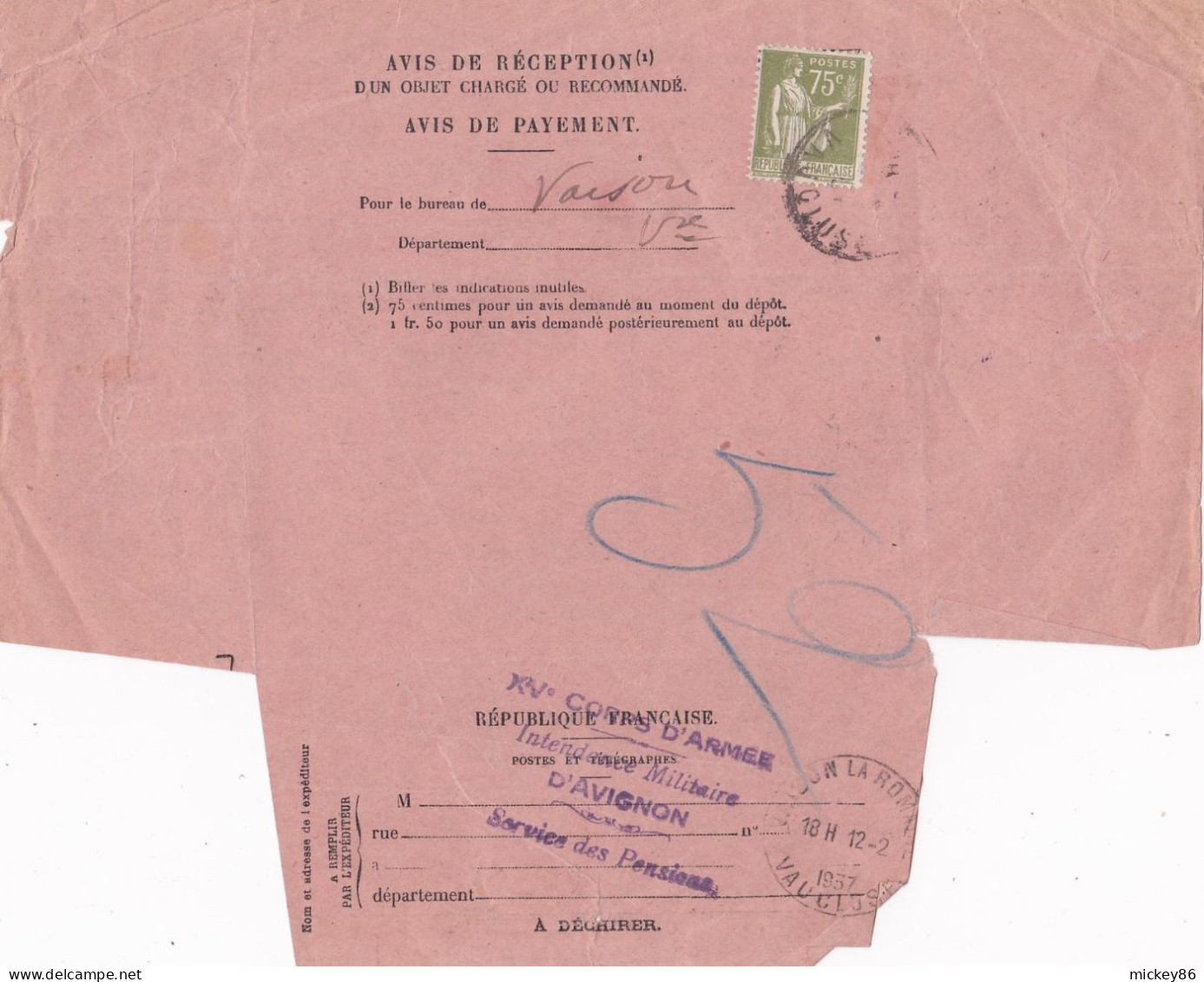 Télégraphes--1929 Et 1937 --Lot De 2 Documents AVIGNON,MORMOIRON,VAISON LA ROMAINE--Vaucluse--Paix , Semeuse Lignée - Telegraph And Telephone