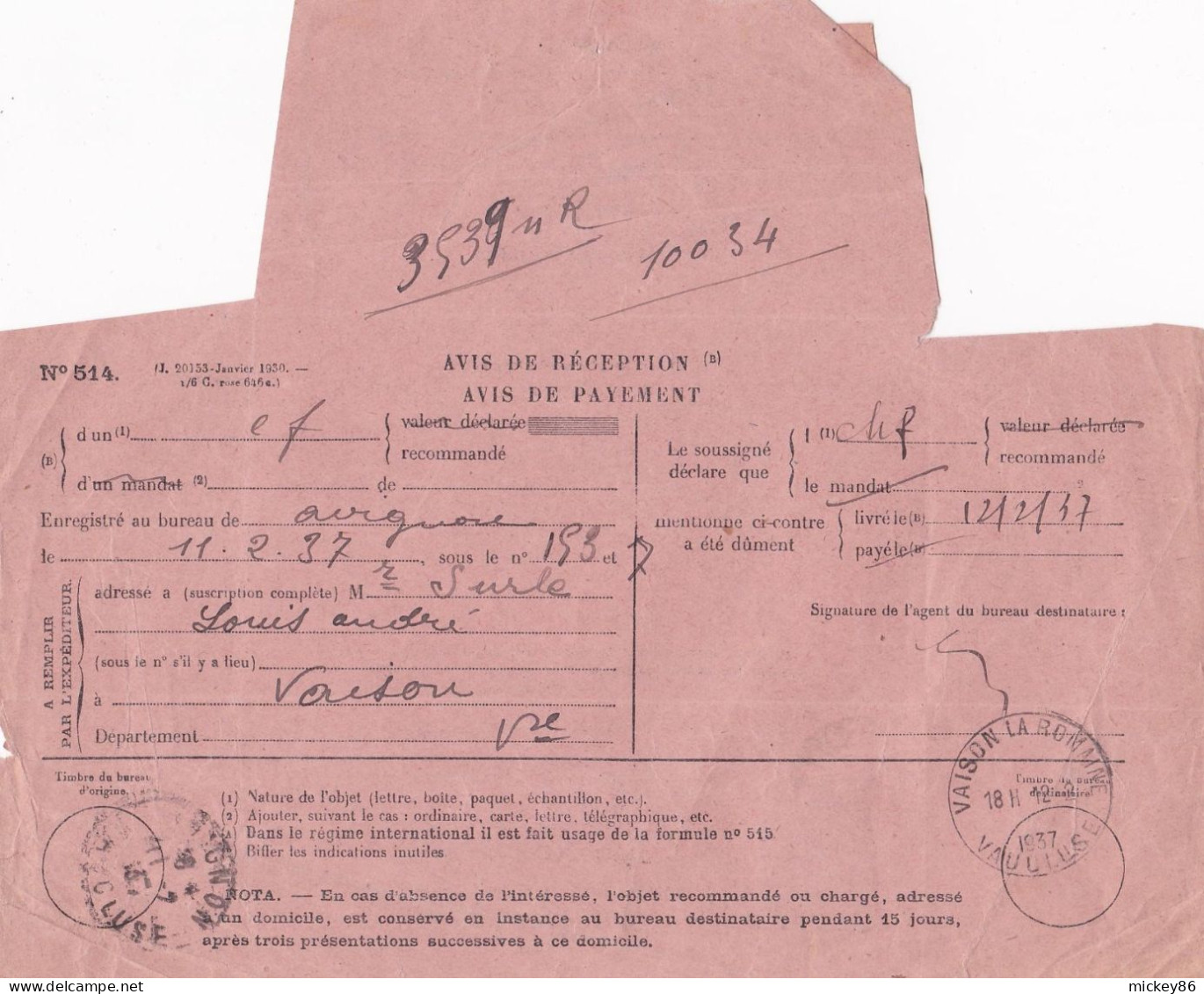 Télégraphes--1929 Et 1937 --Lot De 2 Documents AVIGNON,MORMOIRON,VAISON LA ROMAINE--Vaucluse--Paix , Semeuse Lignée - Télégraphes Et Téléphones