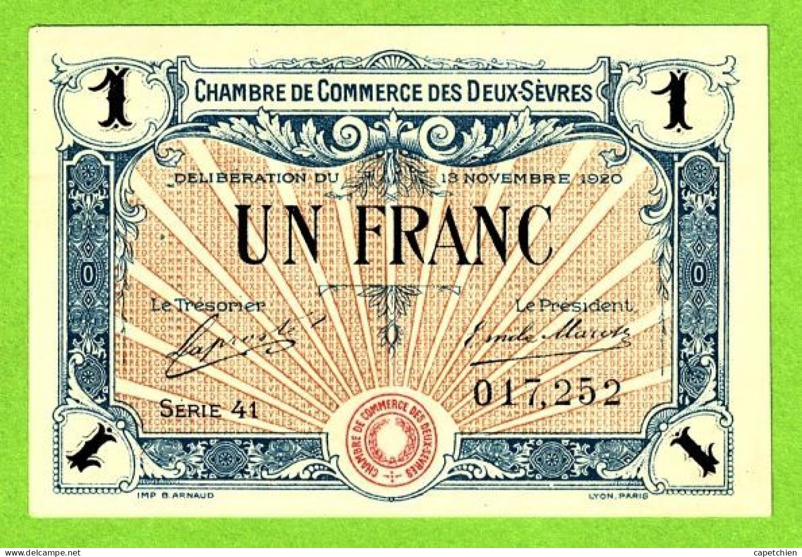 FRANCE/ CHAMBRE DE COMMERCE Des DEUX SÈVRES / 1 FRANC / 13 NOVEMBRE 1920 / 017,252 - Chambre De Commerce
