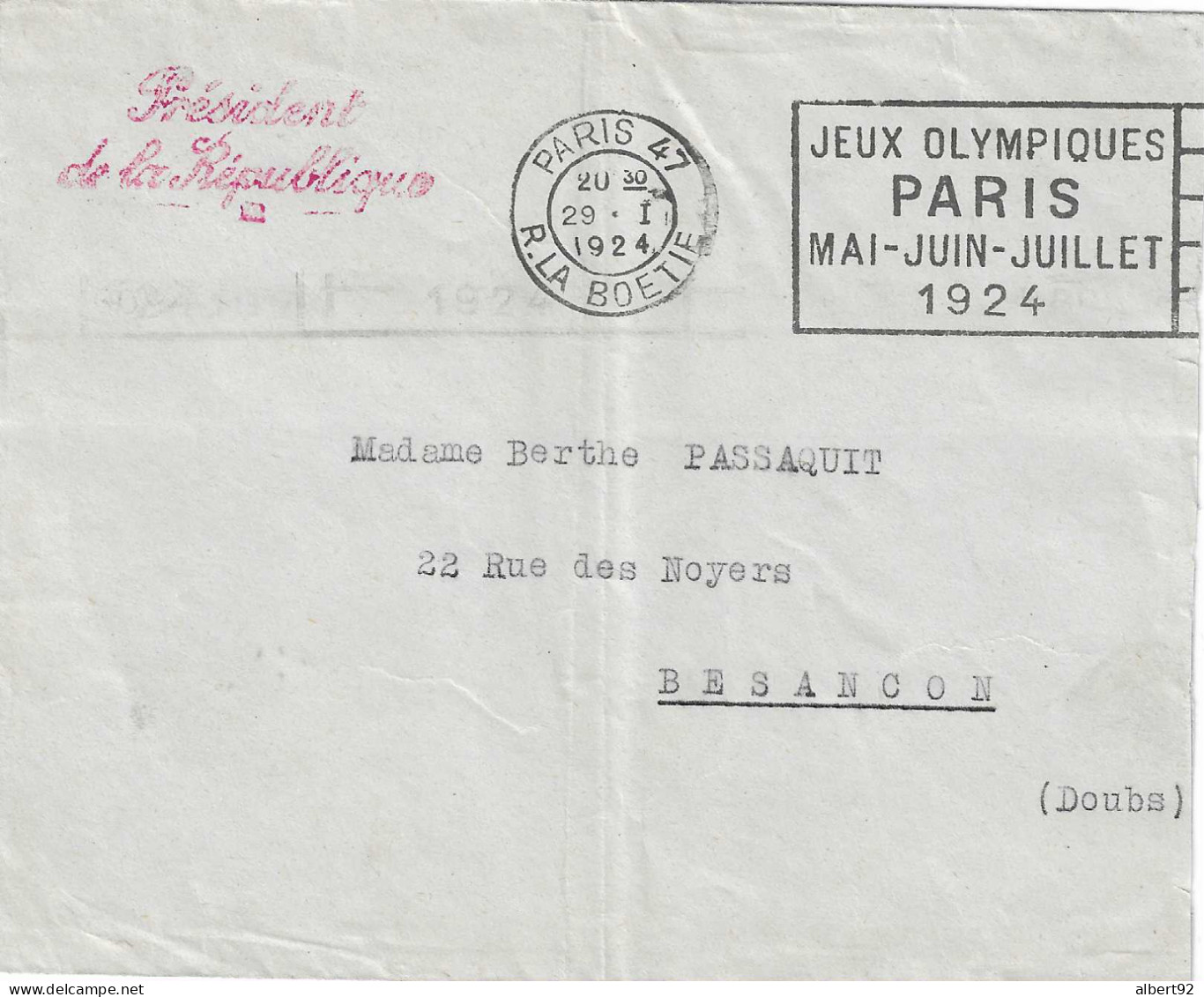 1924 Jeux Olympiques De PARIS: Flamme Postale "rue De La Boétie" Avec Franchise :Griffe " Président  De La République" - Sommer 1924: Paris