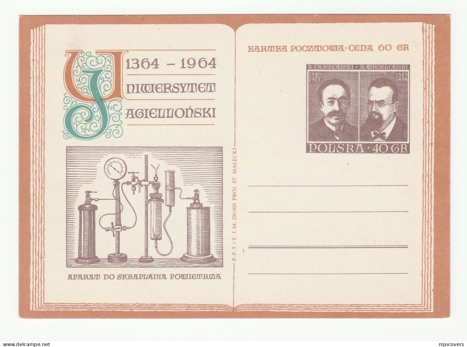 CHEMISTRY Karo Olszewskl ANNIV Event POLAND Postal STATIONERY CARD Illus HISTORIC  AIR CONDENSING EQUIPMENT Cover Stamps - Química