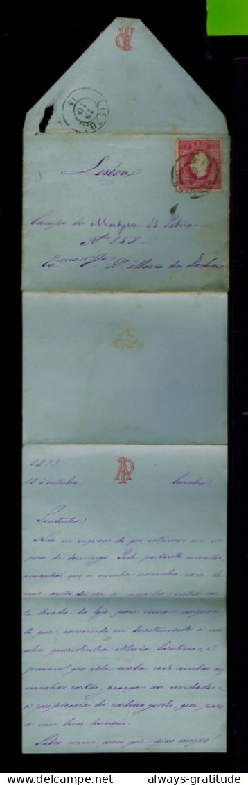 87058  PORTUGAL  Cover 1872-10-19  Stamped 25r. D.LUIS I Fita Direita  Mailed Lisboa /Nº40 - Andere & Zonder Classificatie