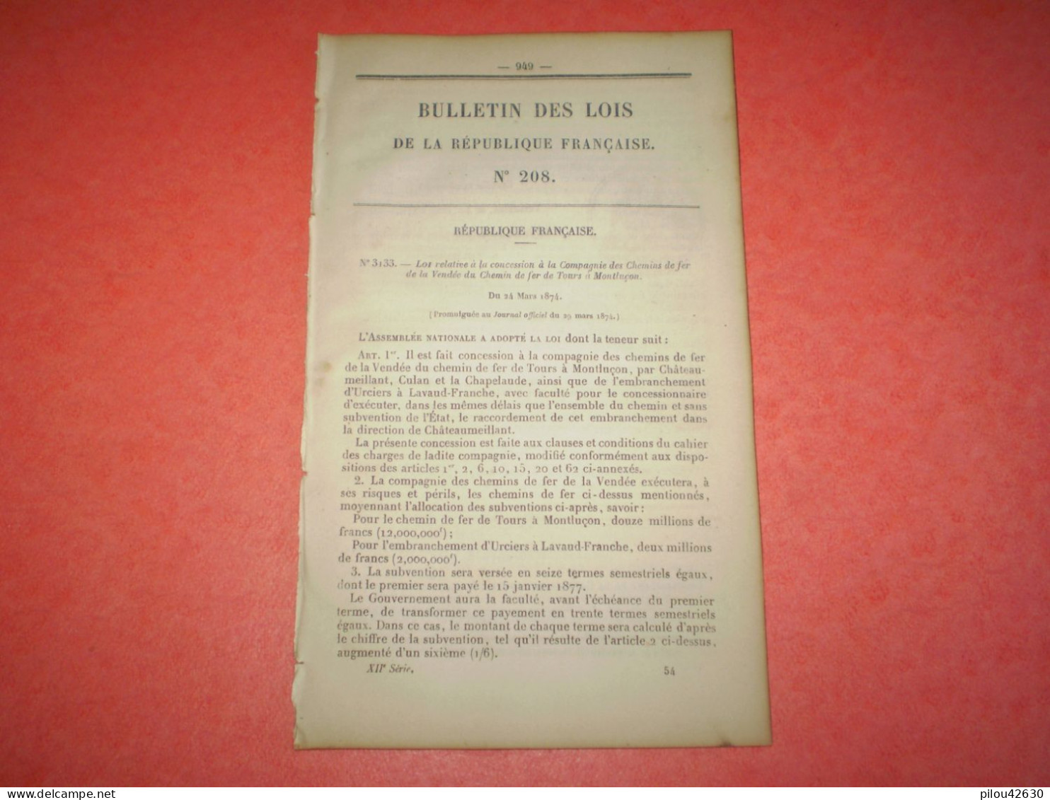 Lois: Chemin De Fer De Tours à Montluçon, PLM. Orléans à Châlons Sur Marne Et Divers D'intérêt Local Dans La Sarthe - Gesetze & Erlasse