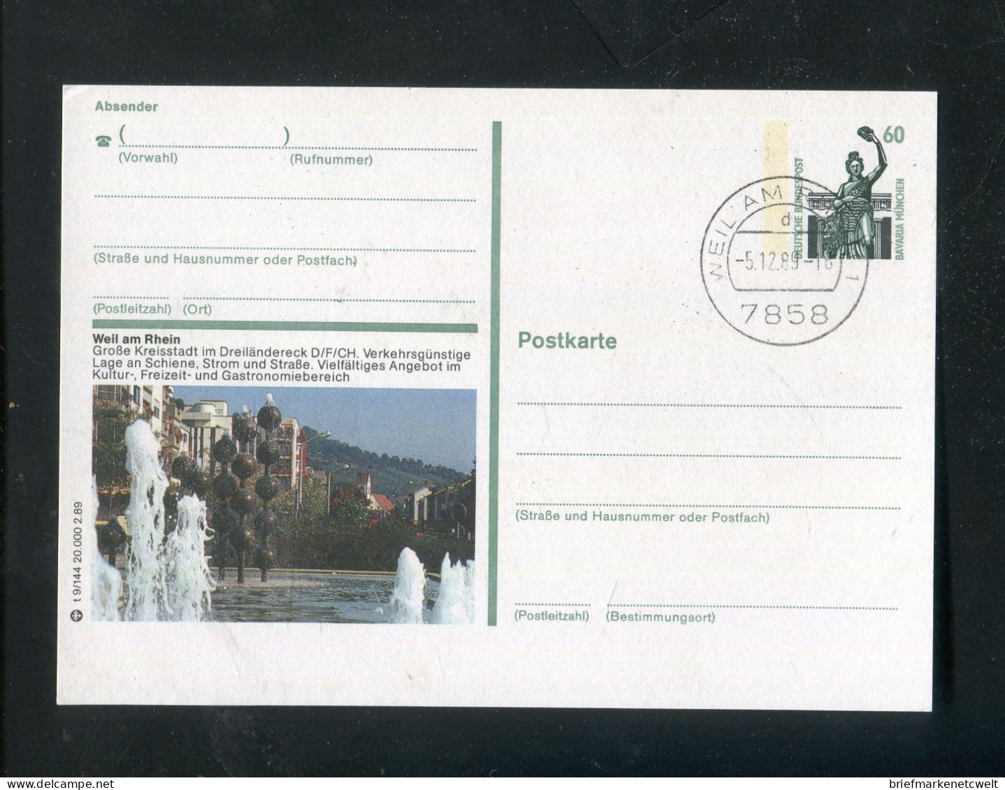 "BUNDESREPUBLIK DEUTSCHLAND" 1989, Bildpostkarte Mit Bildgleichem Stempel Ex "WEIL AM RHEIN" (B1135) - Illustrated Postcards - Used