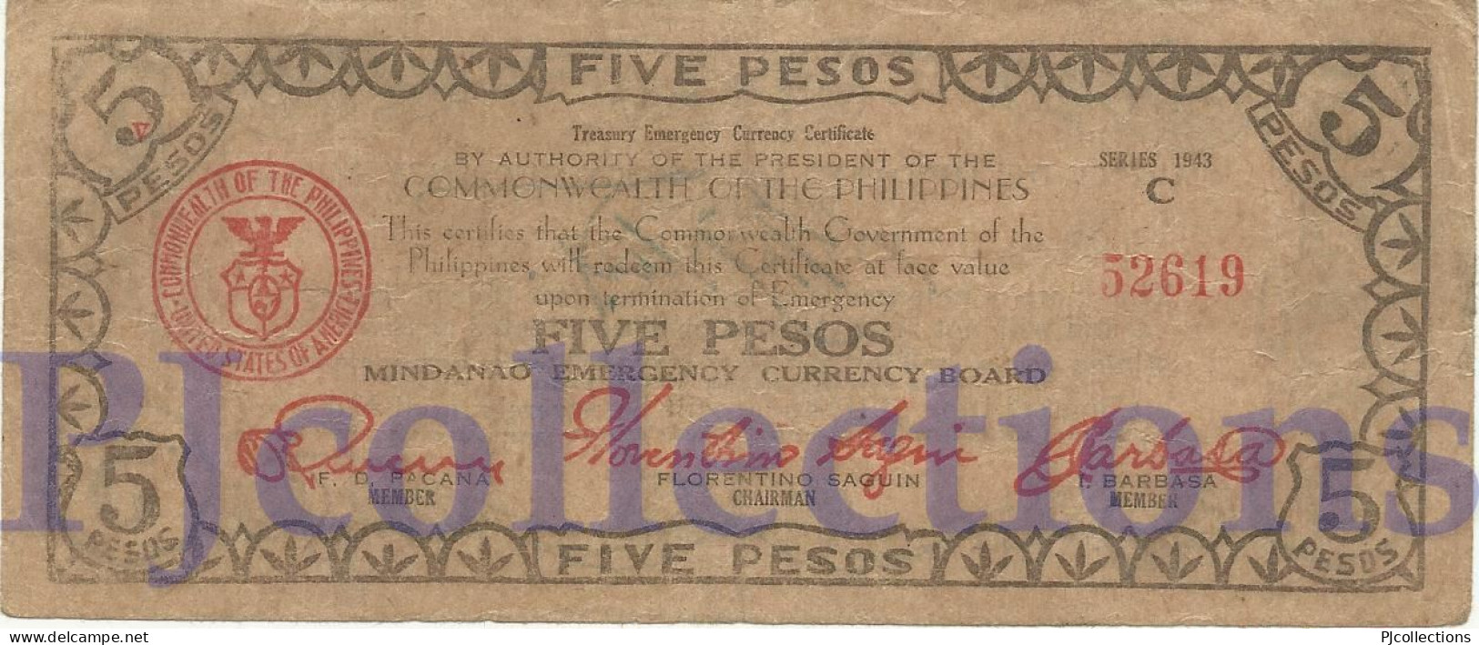 PHILIPPINES 5 PESOS 1943 PICK S487d VF EMERGENCY BANKNOTE - Filippijnen