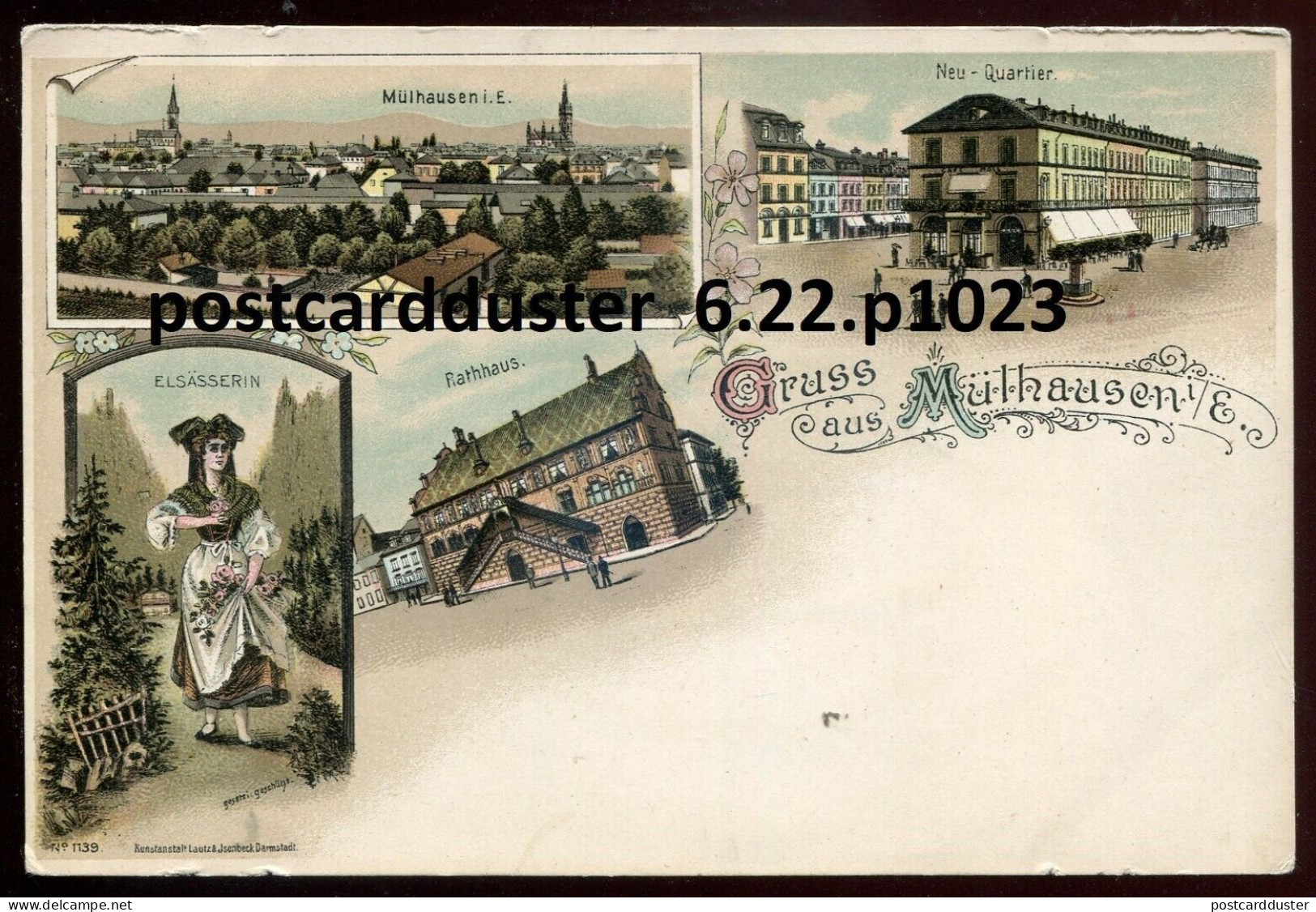 GERMANY Gruss Aus Muelhausen Postcard 1900s Litho Multiview Town Hall (h339) - Elsass