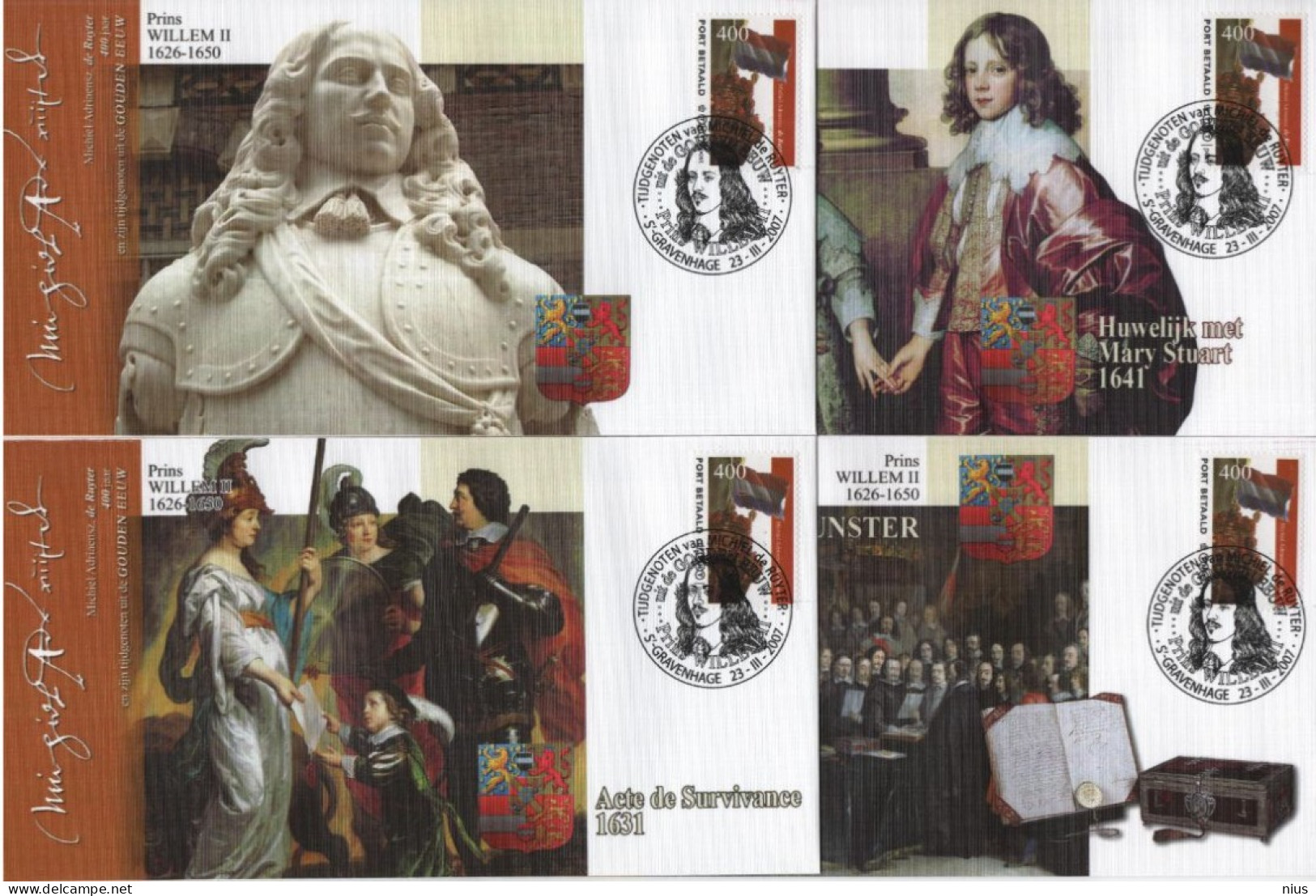 Nederland Netherlands 2007 FDC X4 Port Betaald, Prins Willem II, Poet, Michiel Adriaensz De Ruyter, S'-Gravenhage - FDC