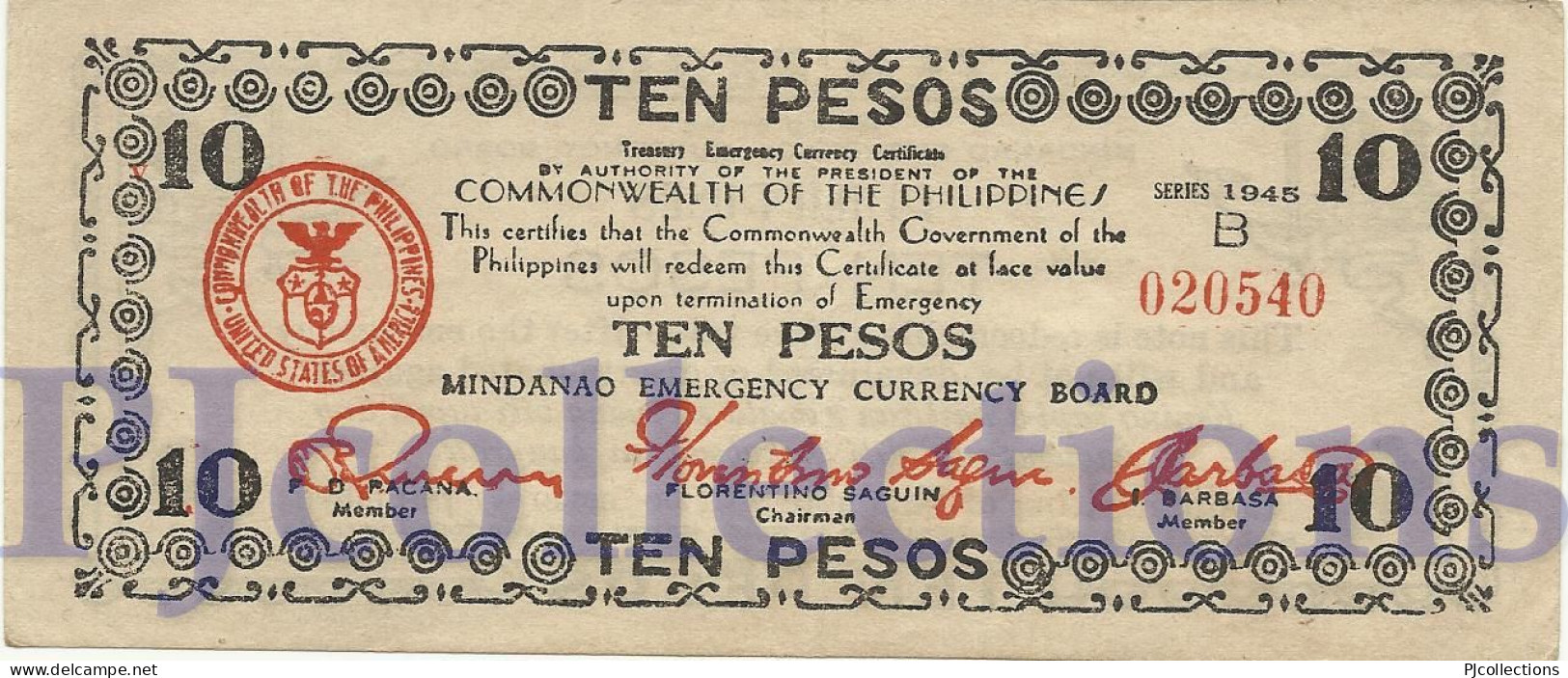 PHILIPPINES 10 PESOS 1945 PICK S538 AUNC EMERGENCY BANKNOTE - Filippijnen