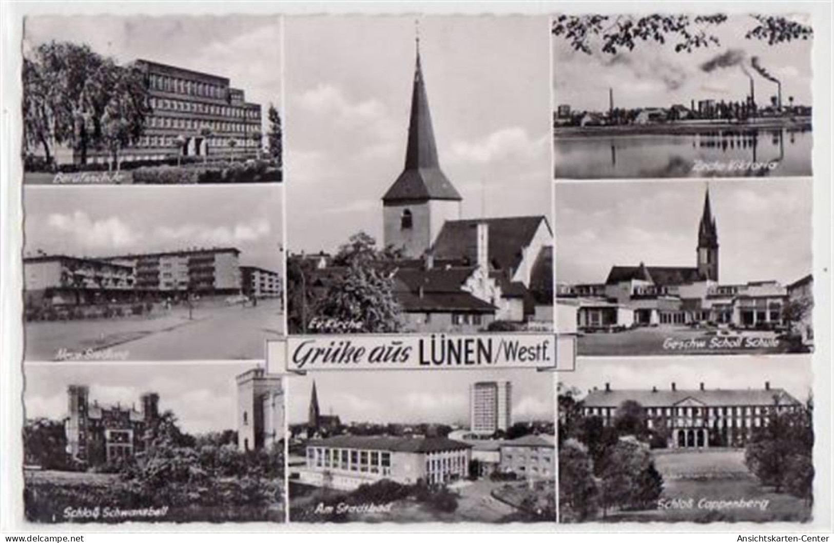 39064202 - Luenen, 8 Abbildungen Mit Berufsschule U. Zeche Viktoria Gelaufen, Mit Marke Und Stempel Von 1965. Leichte A - Unna