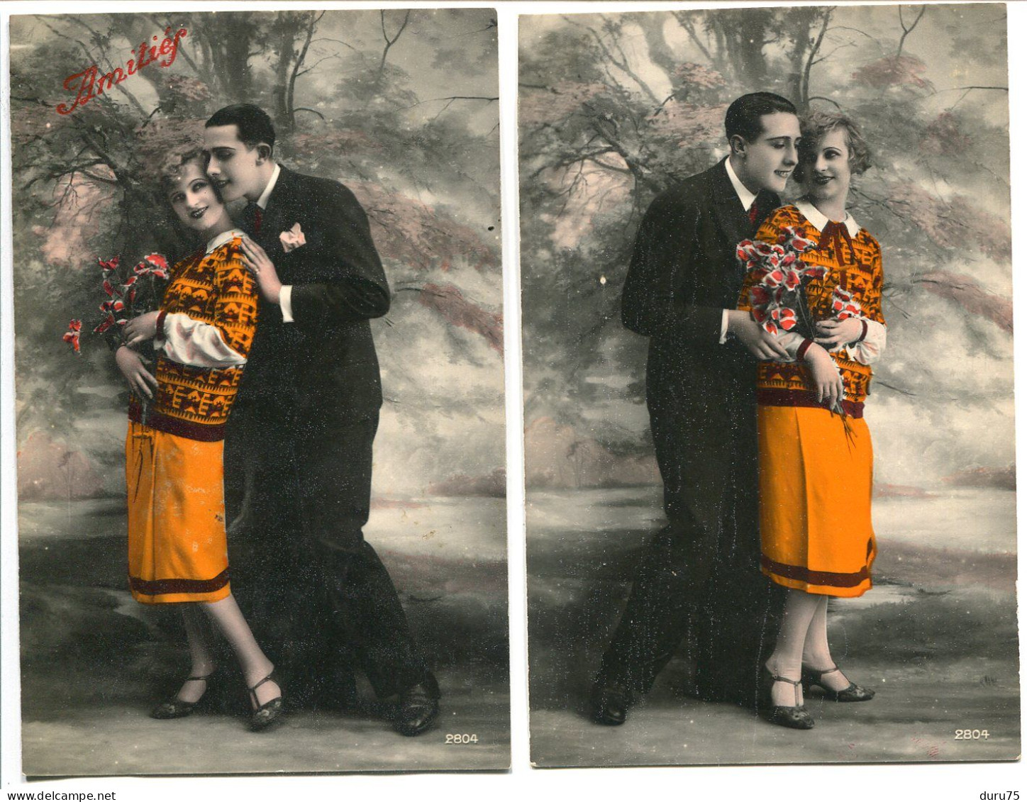 LOT 2 CPA Fantaisies Ecrites En 1929 * Amitiés Couple Amoureux Femme Vêtue D'un Ensemble Couleur Orange - Couples