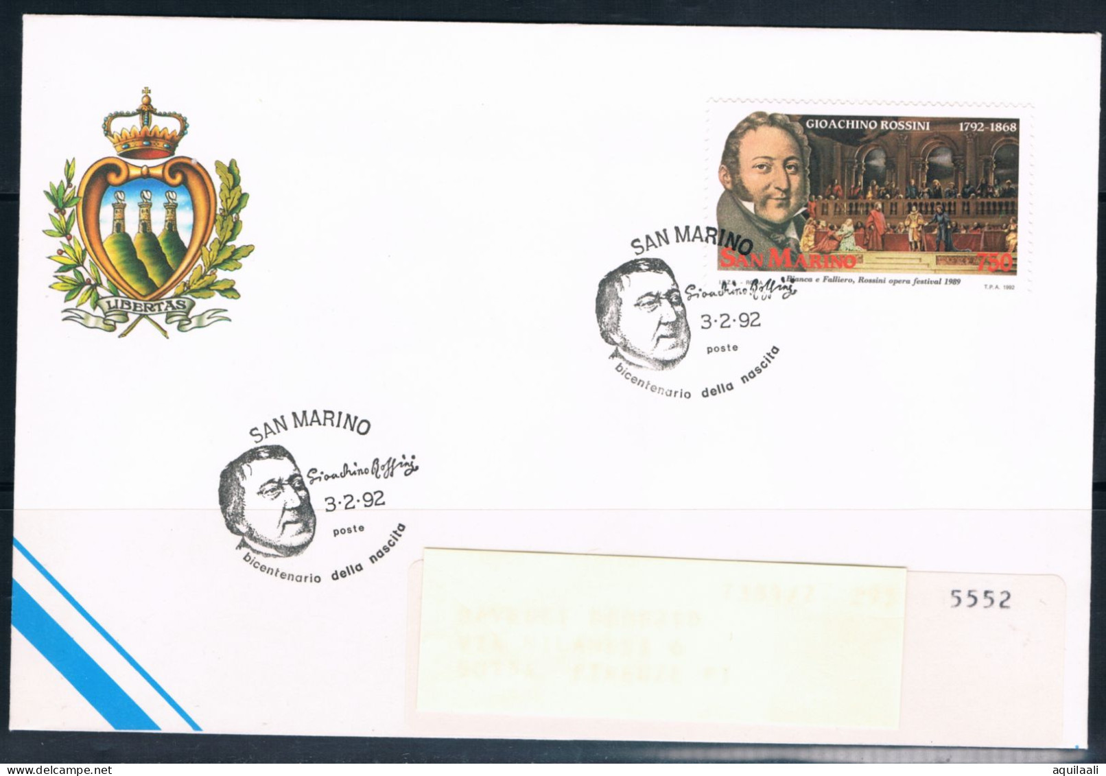 San Marino 1992, Bicentenario Nascita Gioacchino Rossini, Annullo Speciale Fdc. - Musique