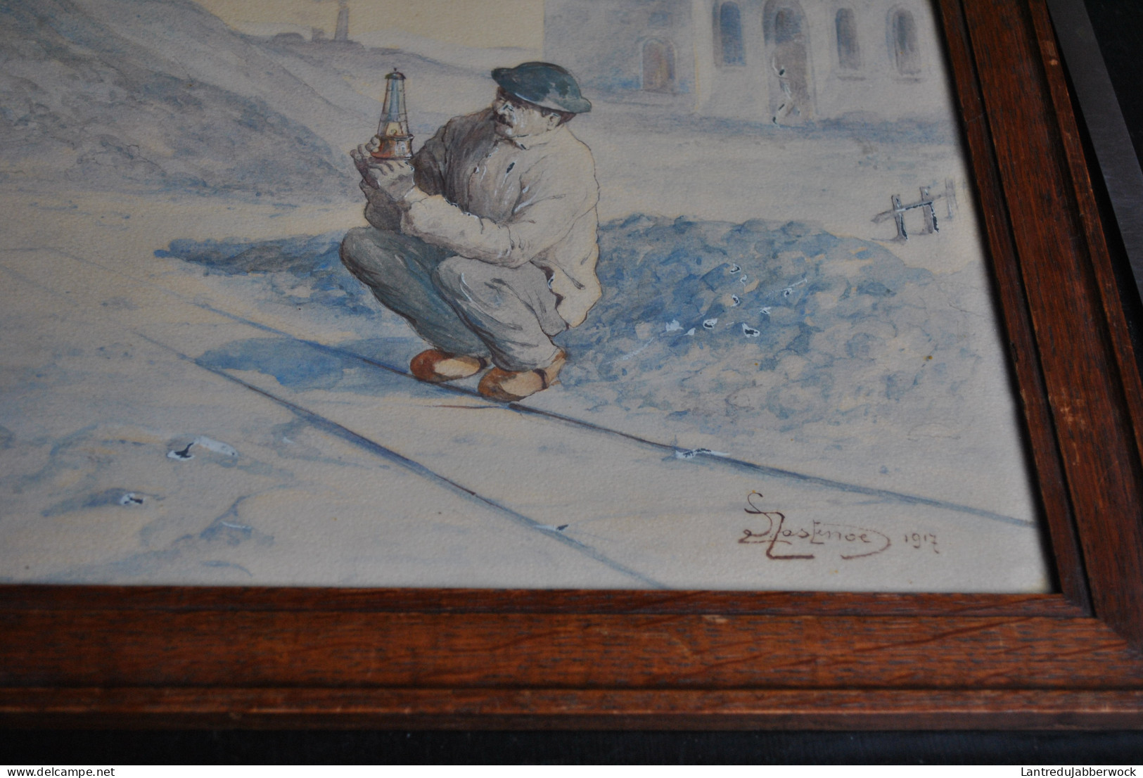 Aquarelle Signée 1917 Sous Cadre Vitré D'un Mineur Avec Sa Lampe Dans La Cour D'un Charbonnage Mine Bourbier Châtelet??? - Watercolours