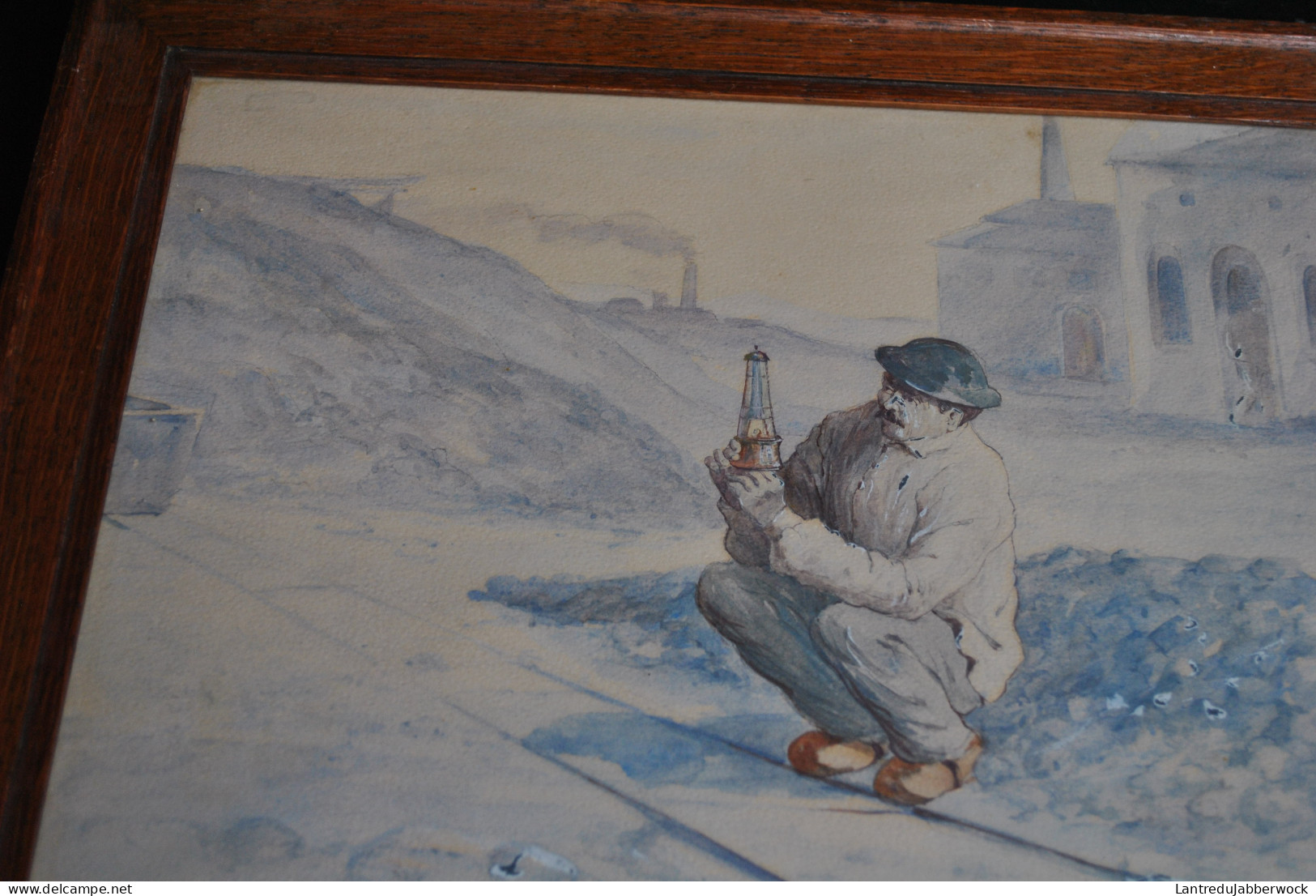 Aquarelle Signée 1917 Sous Cadre Vitré D'un Mineur Avec Sa Lampe Dans La Cour D'un Charbonnage Mine Bourbier Châtelet??? - Aquarel