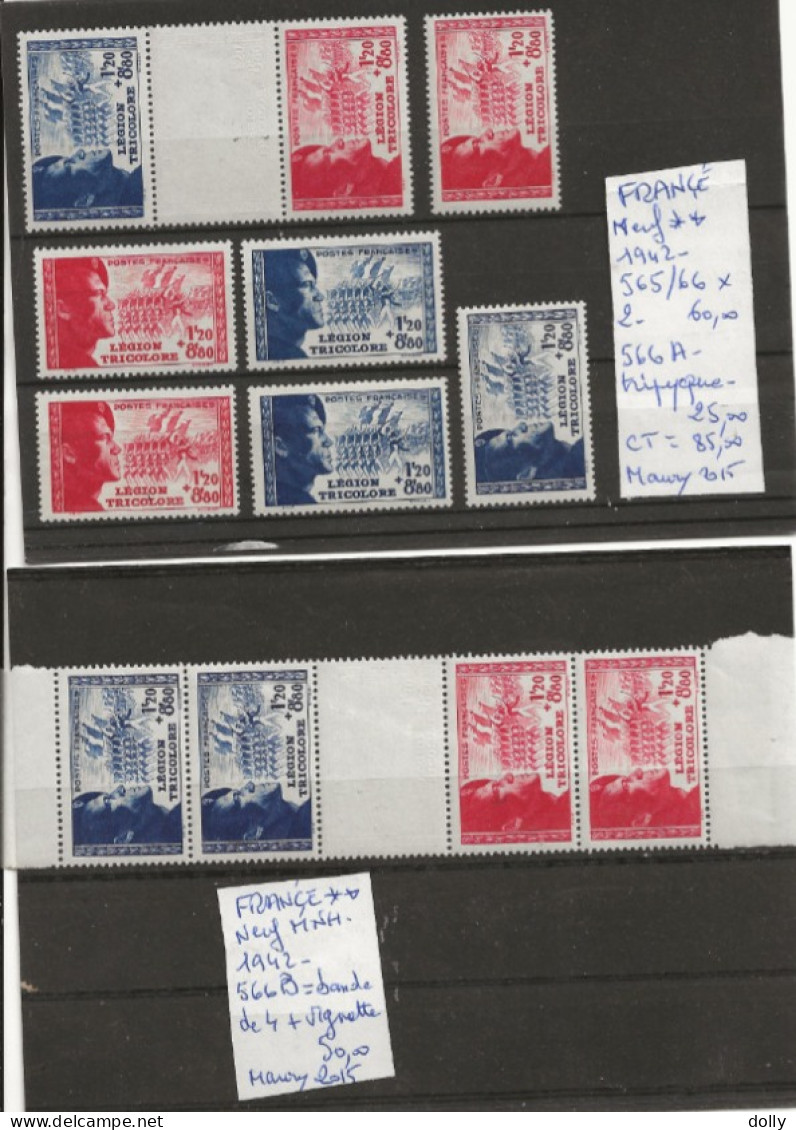 TIMBRES DE FRANCE NEUF** MNH1942 Nr 565/66X2 .566A TRIPYQUE.566B BANDE DE 4 TIMBRES+VIGNETTE  COTE 135.0 € - Croix Rouge