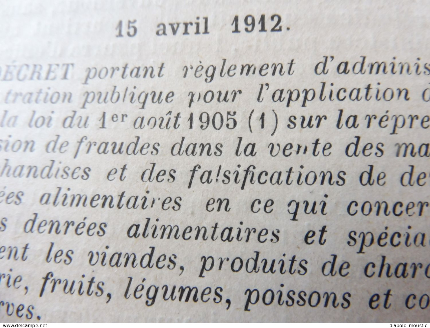 1912  RECUEIL des LOIS ,dont aussi sur les répression des fraudes  ; Etc