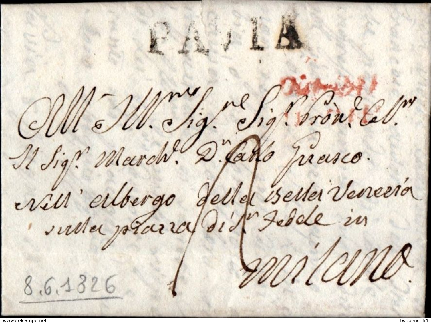 A90 - LETTERA PREFILATELICA DA PAVIA A MILANO 1826 - 1. ...-1850 Prephilately