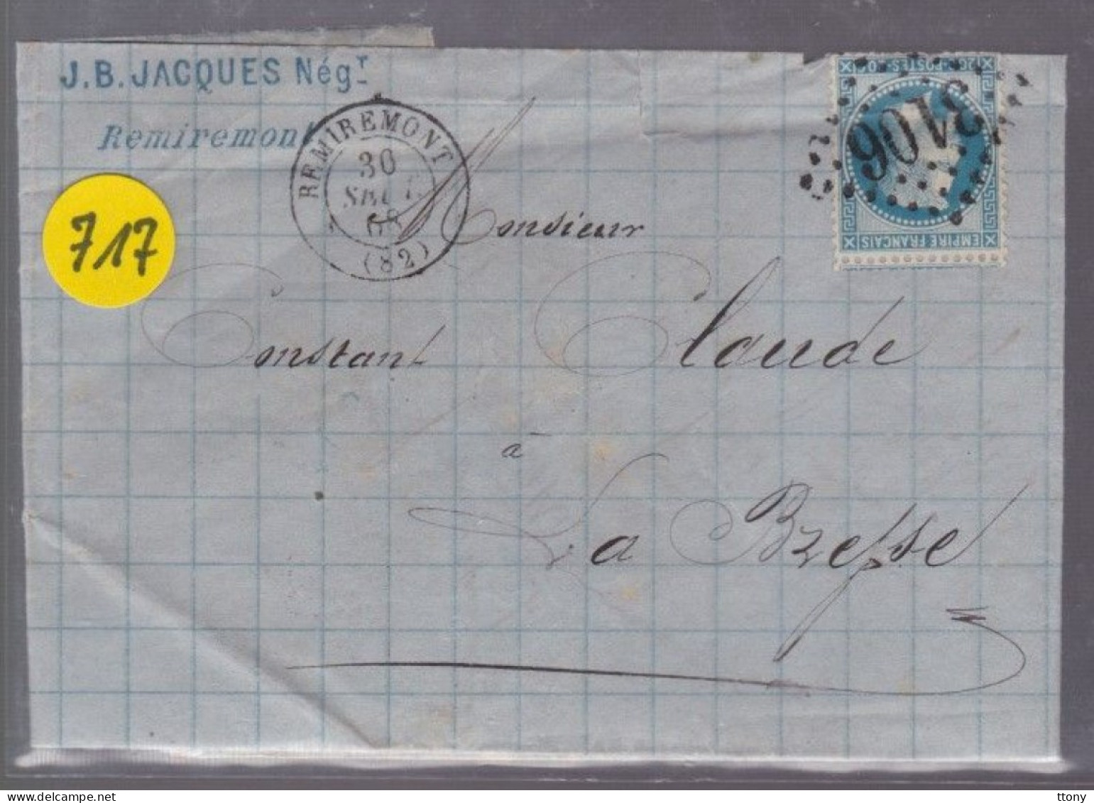1   Timbre   N° 29  Napoléon III   20 C  Bleu    Lettre     1868   Destination    La Bresse  GC 3106 - 1863-1870 Napoléon III Lauré