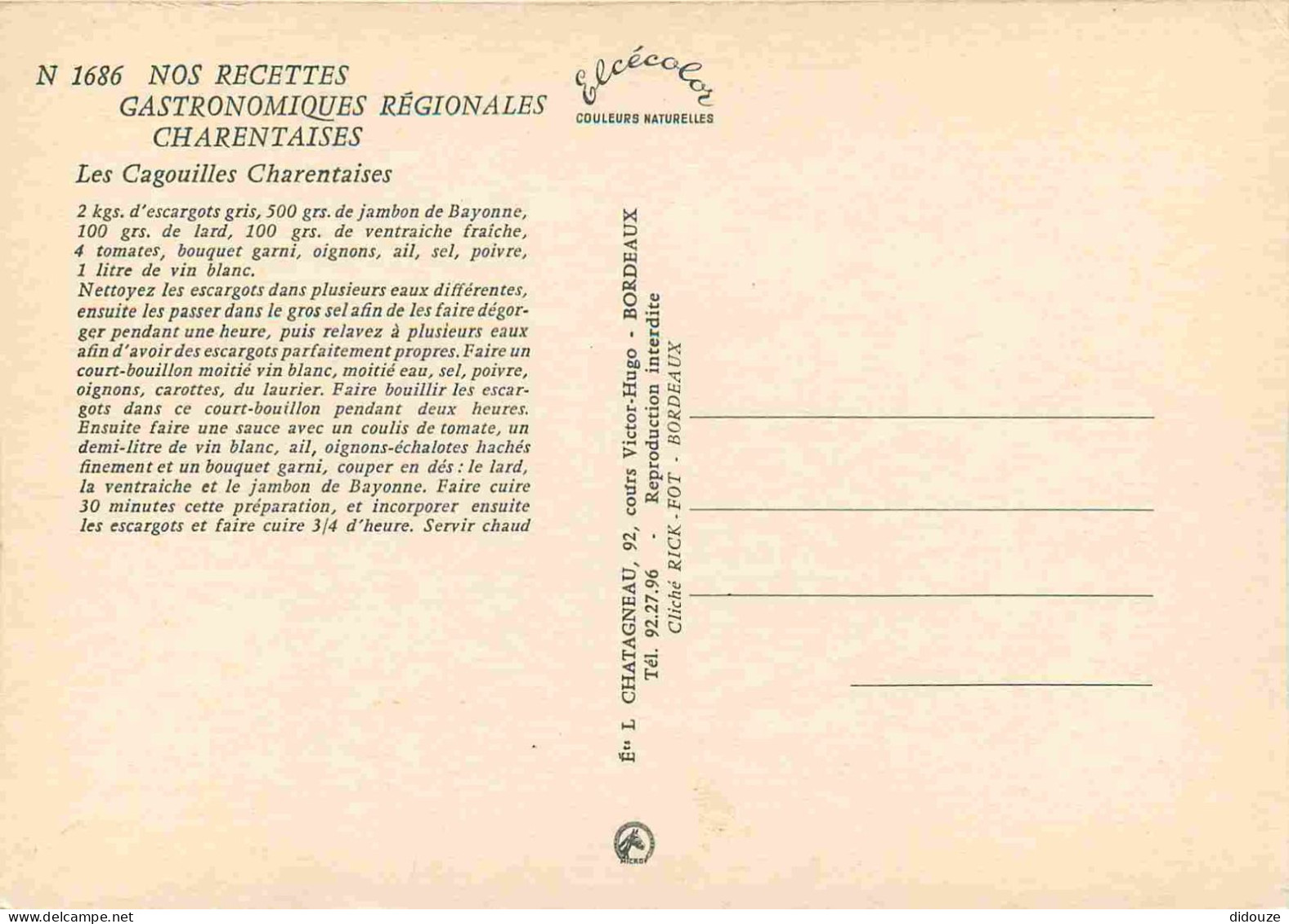 Recettes De Cuisine - Cagouilles Charentaises - Gastronomie - CPM - Carte Neuve - Voir Scans Recto-Verso - Recettes (cuisine)
