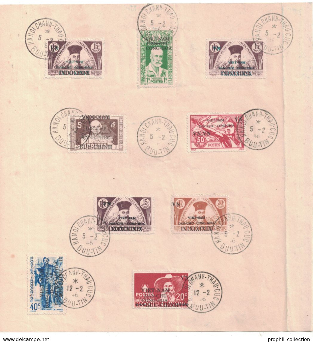 DIFFÉRENTS TIMBRES D'INDOCHINE SURCHARGÉS OBLITÉRÉS CACHET CAD 4-4-1946 HANOI CHANH-THAU-CUC BUU-TIN VIET-NAM VIETNAM - Vietnam