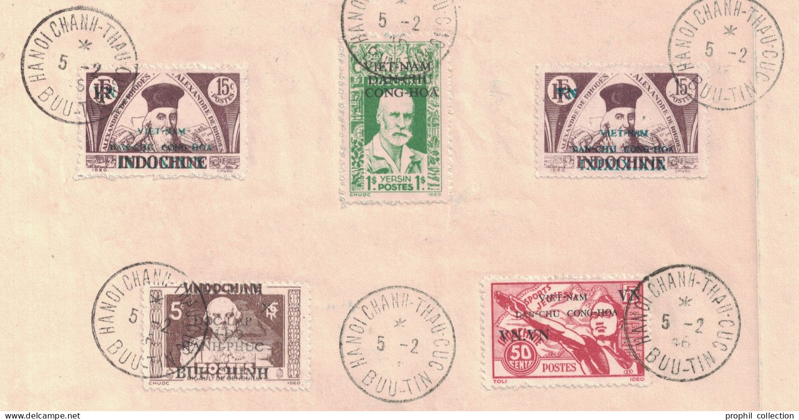 DIFFÉRENTS TIMBRES D'INDOCHINE SURCHARGÉS OBLITÉRÉS CACHET CAD 4-4-1946 HANOI CHANH-THAU-CUC BUU-TIN VIET-NAM VIETNAM - Viêt-Nam