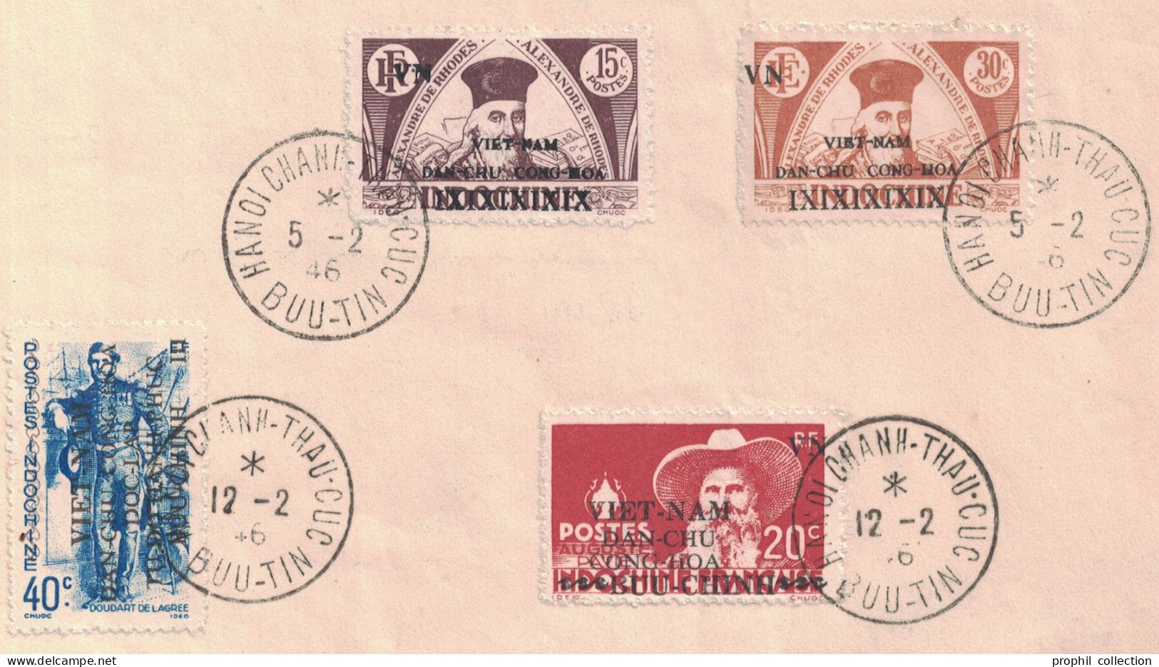 DIFFÉRENTS TIMBRES D'INDOCHINE SURCHARGÉS OBLITÉRÉS CACHET CAD 4-4-1946 HANOI CHANH-THAU-CUC BUU-TIN VIET-NAM VIETNAM - Viêt-Nam