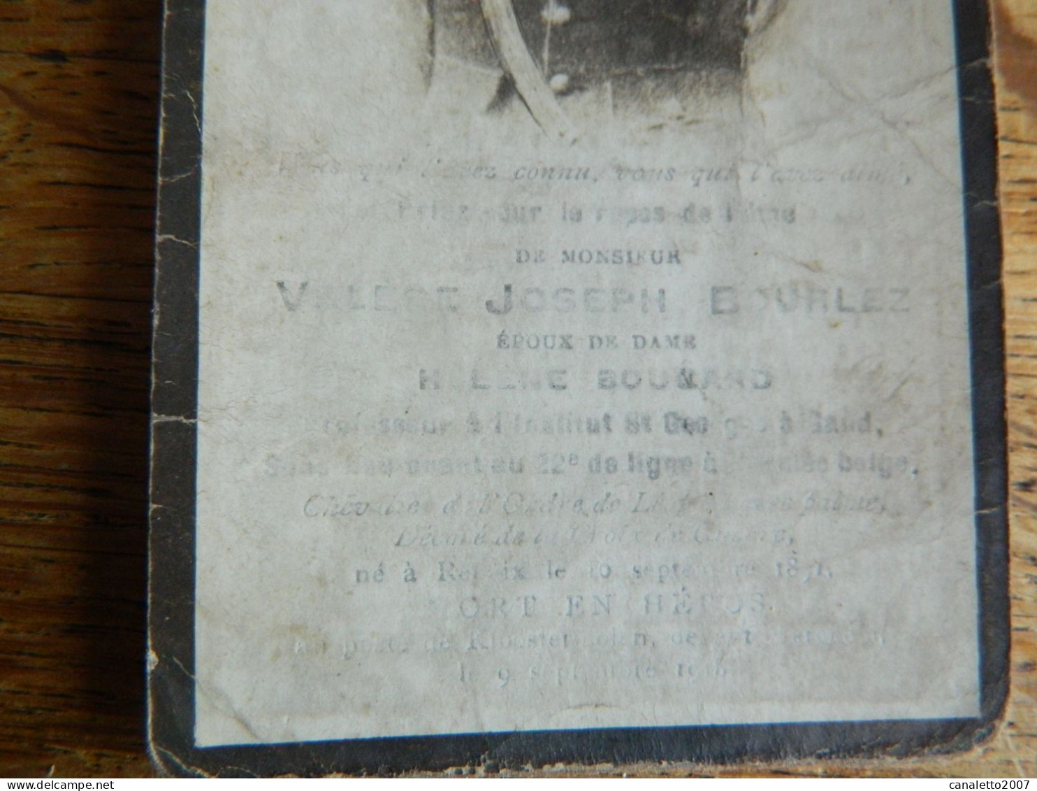 GUERRE 14/18 +MILITARIA:SOUVENIR DECE DE VALERE JOSEPH BOURLEZ  22  EME REGIMENT DE LIGNE MORT EN HEROS EN 1918 - 1914-18