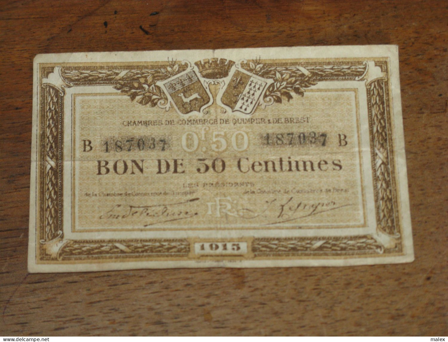 BILLET 0,50 CTS Chambre De Commerce De QUIMPER & De BREST 10,5 X 6,5 - Chambre De Commerce