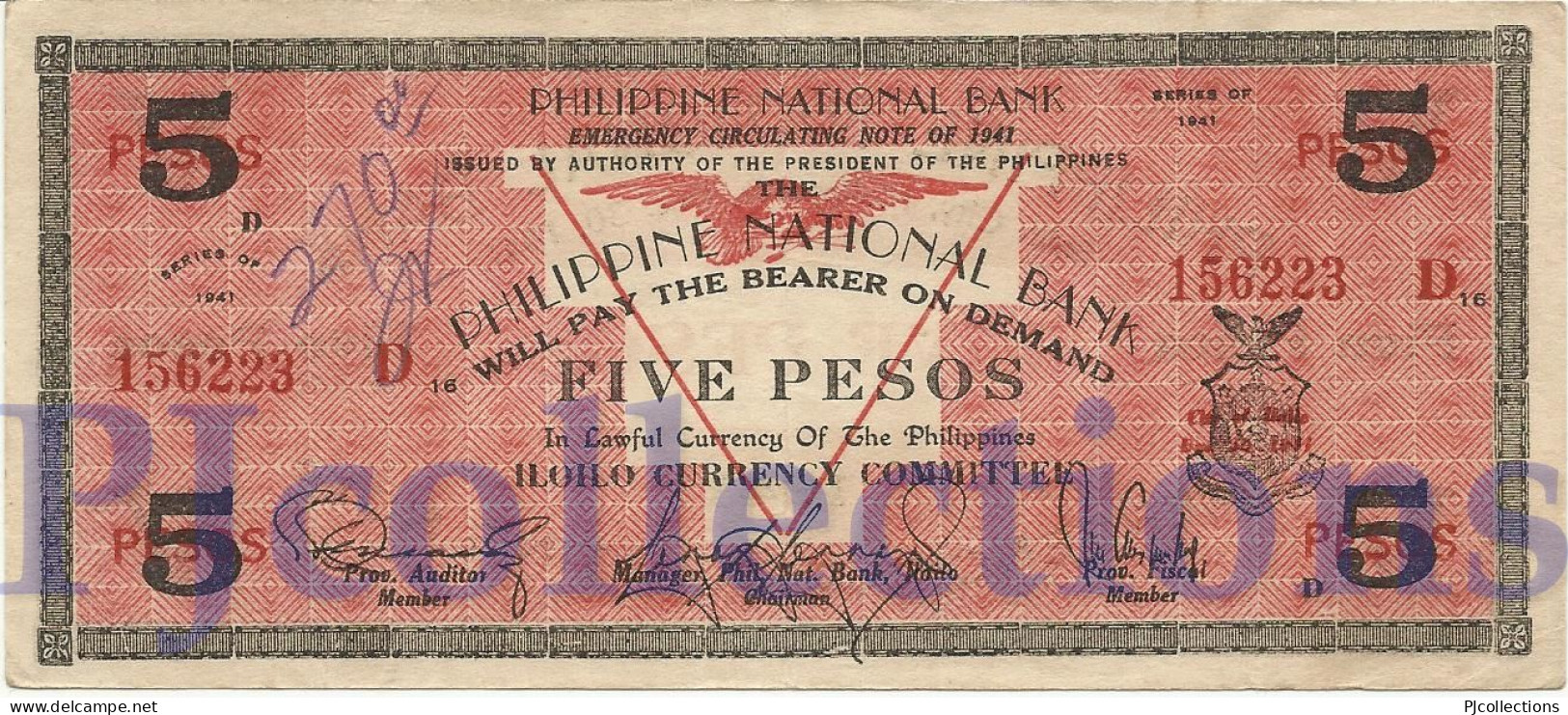 PHILIPPINES 5 PESOS 1941 PICK S307 AU W/GRAFFITI EMERGENCY BANKNOTE - Philippines