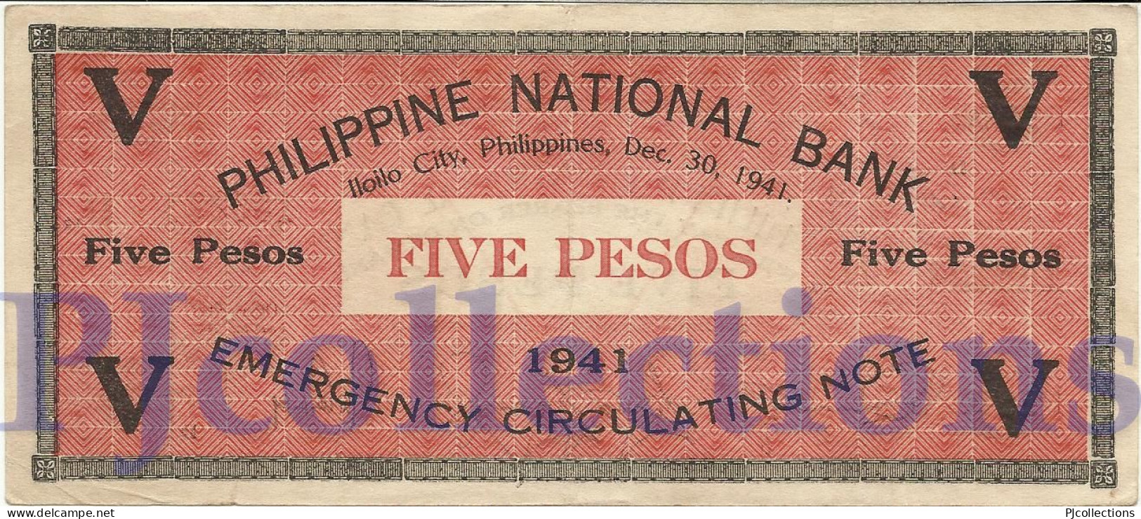 PHILIPPINES 5 PESOS 1941 PICK S307 AU W/GRAFFITI EMERGENCY BANKNOTE - Filipinas