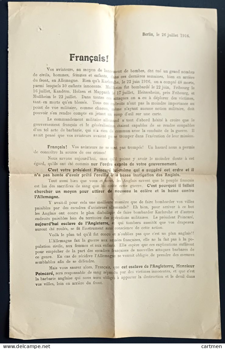 GUERRE DE1914/1918 TRACT DE PROPAGANDE ALLEMANDE BOMBARDEMENT AERIEN DE L'ALLEMAGNE - 1914-18