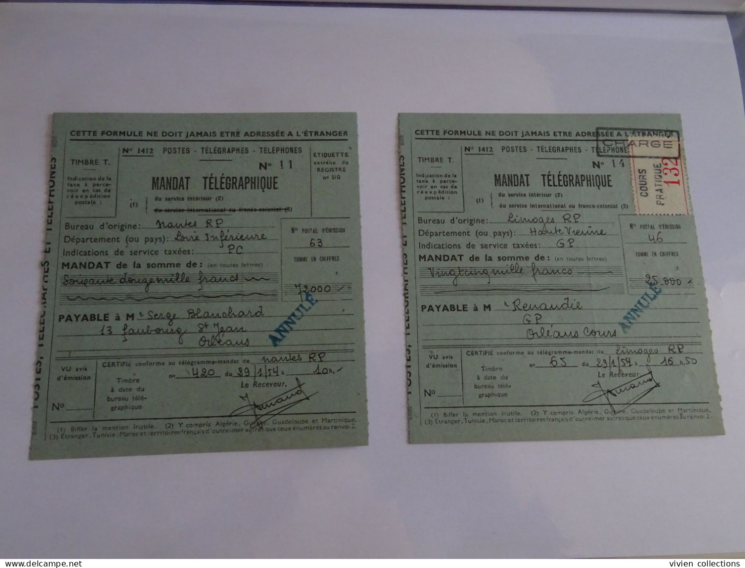 France Cours D'instruction Mandat Télégraphique Chargé Annulé 1954 Cours Pratique Orléans Loiret De Nantes Et Limoges - Corsi Di Istruzione