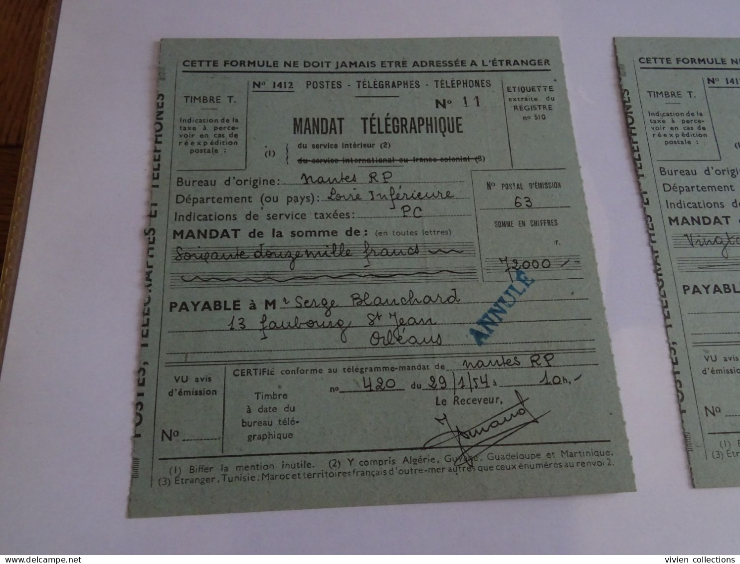 France Cours D'instruction Mandat Télégraphique Chargé Annulé 1954 Cours Pratique Orléans Loiret De Nantes Et Limoges - Corsi Di Istruzione